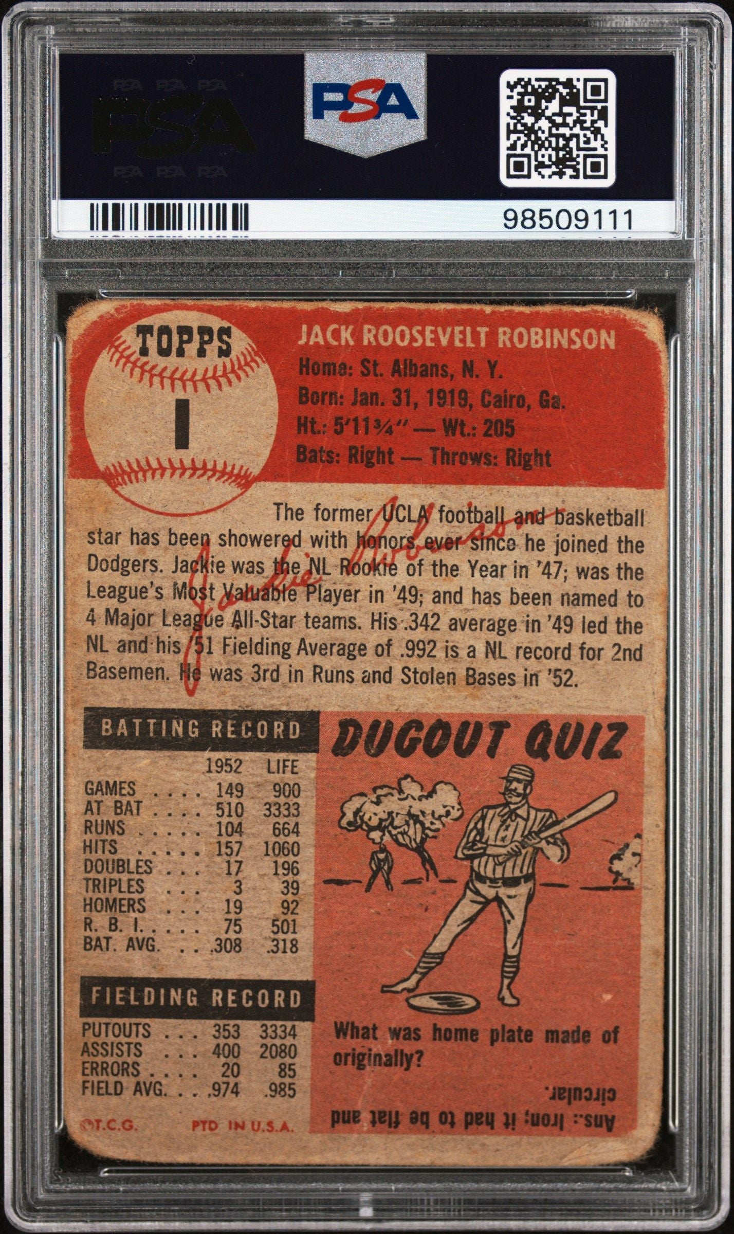 1953 TOPPS JACKIE ROBINSON #1 PSA 1