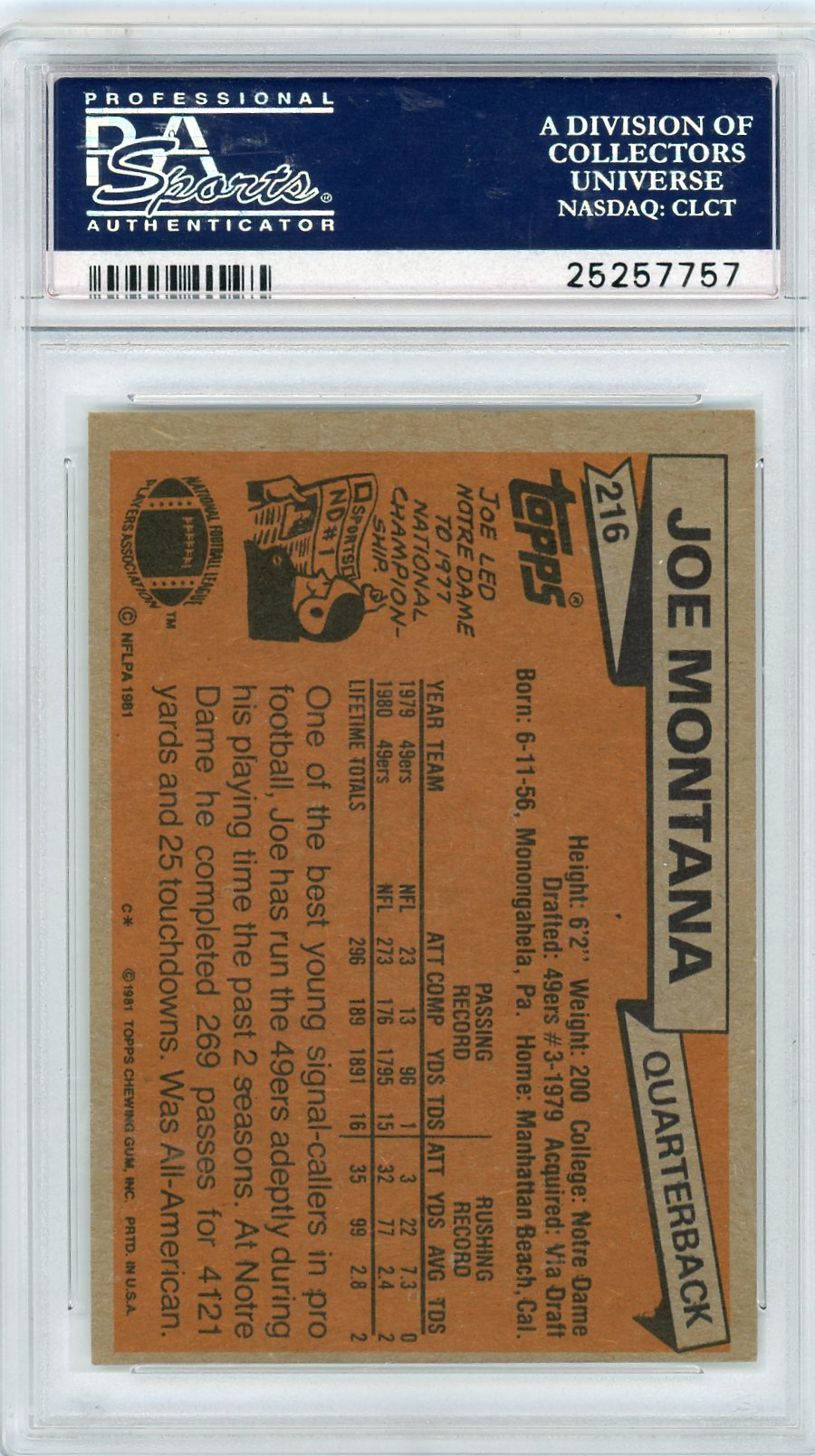 1981 Topps Joe Montana #216 PSA A Auto 10
