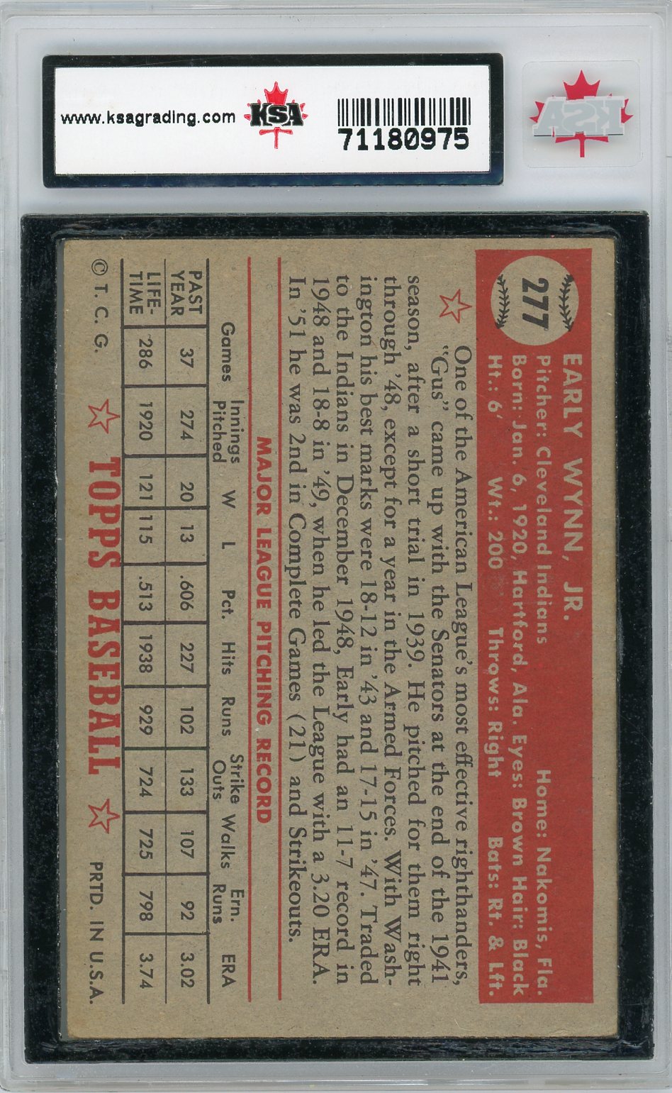1952 Topps Early Wynn #277 KSA 6.5