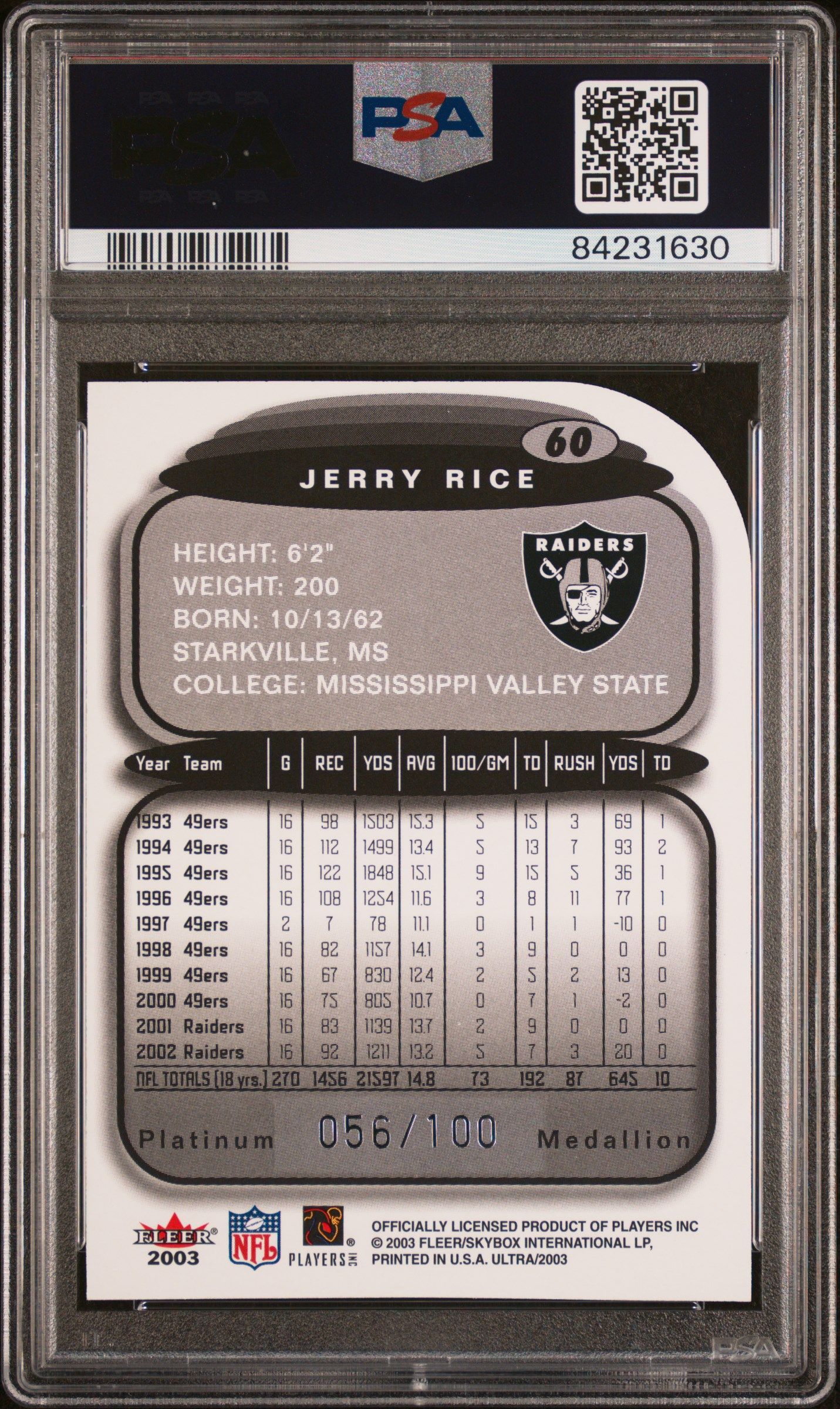 2003 JERRY RICE ULTRA PLATINUM MEDALLION #60 PSA 10