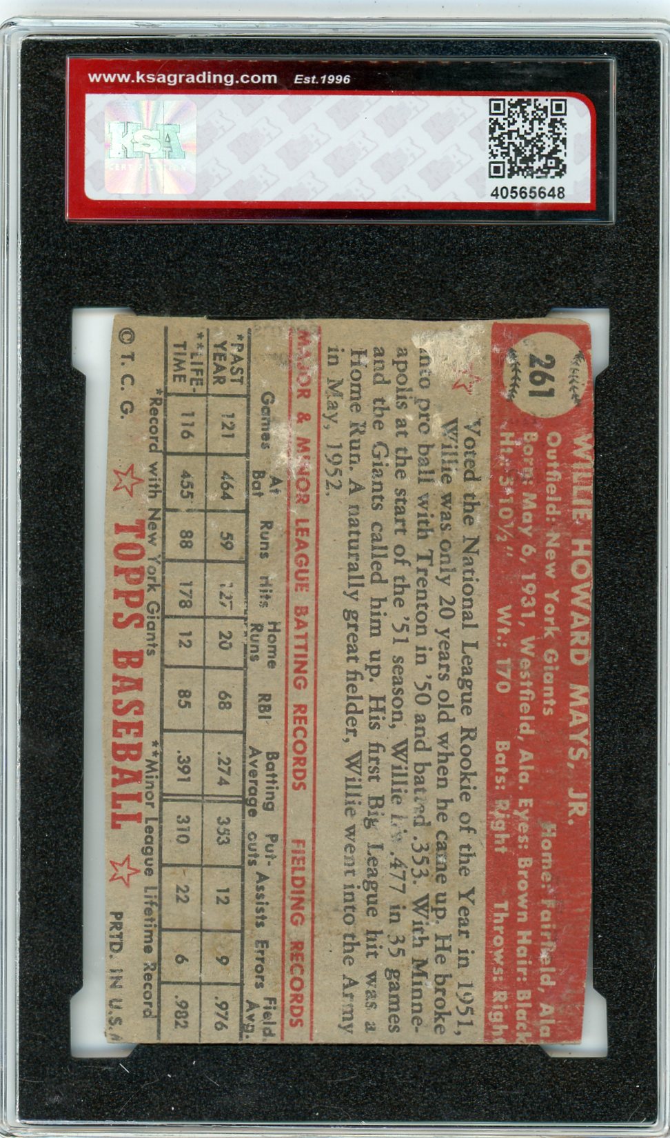 1952 Topps Willie Mays #261 KSA Authentic Altered