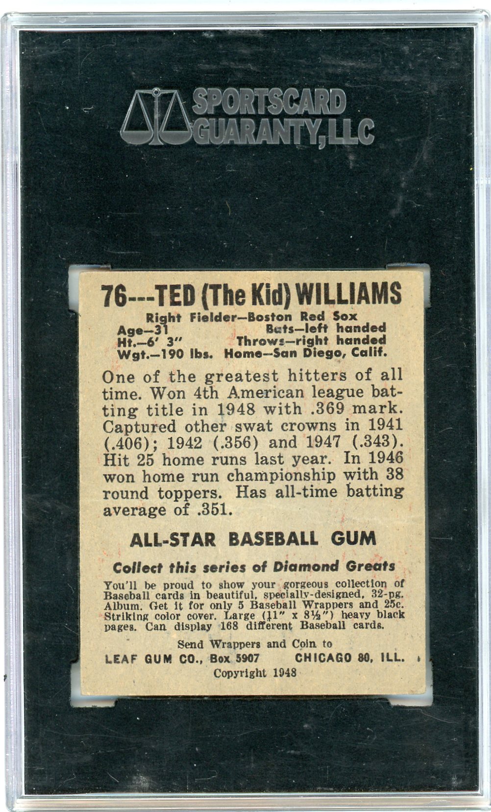 1948 Leaf Gum Co. Ted Williams #76 SGC 4