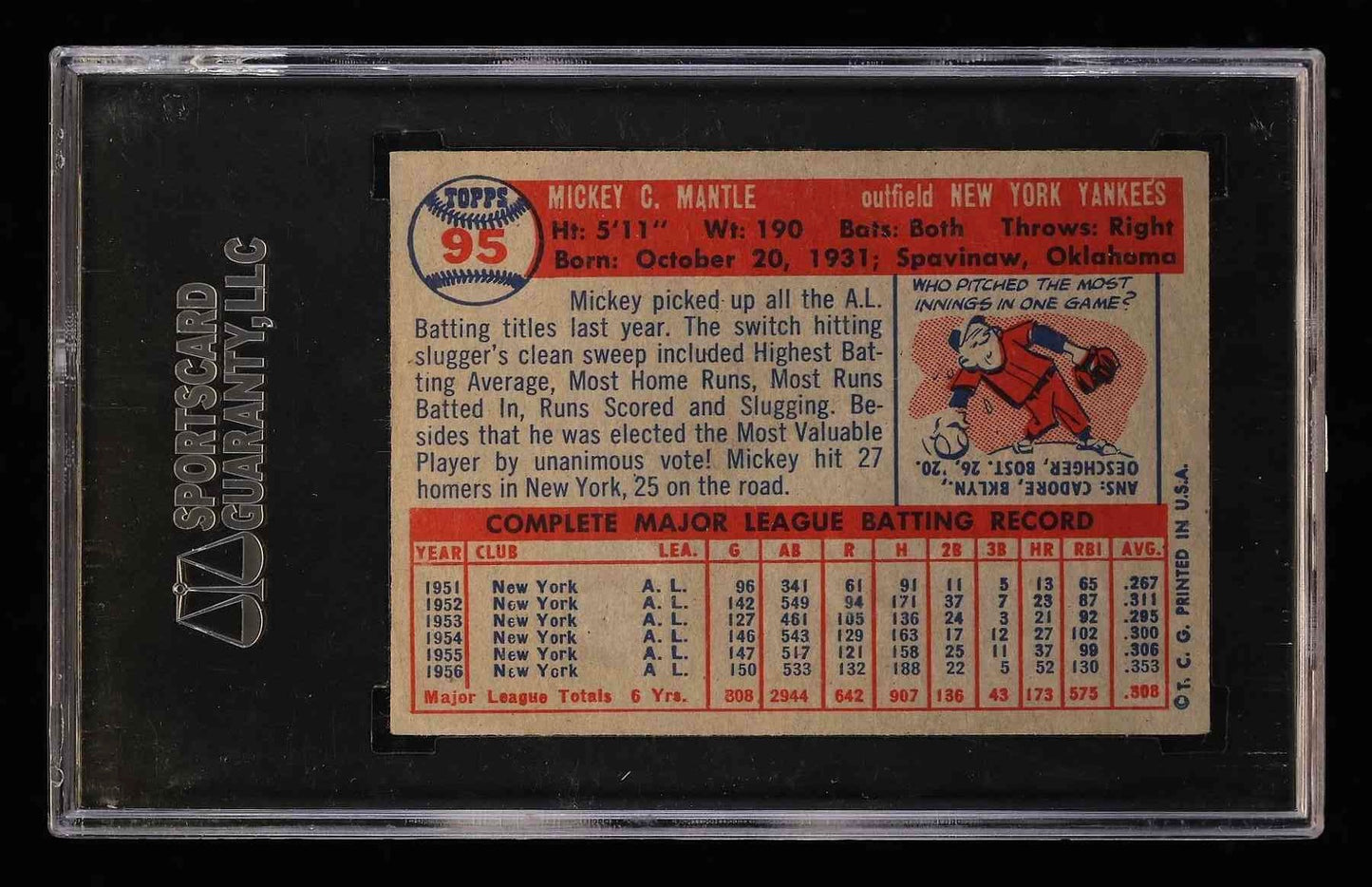 1957 Topps Mickey Mantle #95 SGC 6 MBA Silver