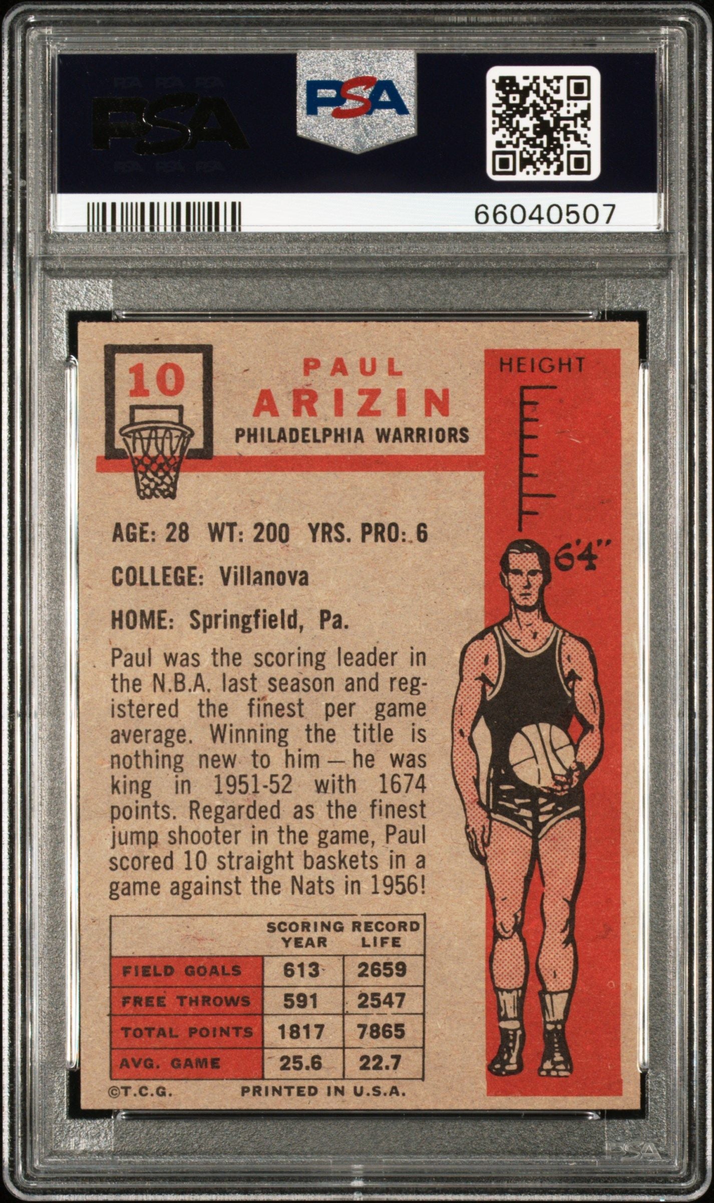 1957 TOPPS PAUL ARIZIN #10 PSA 7