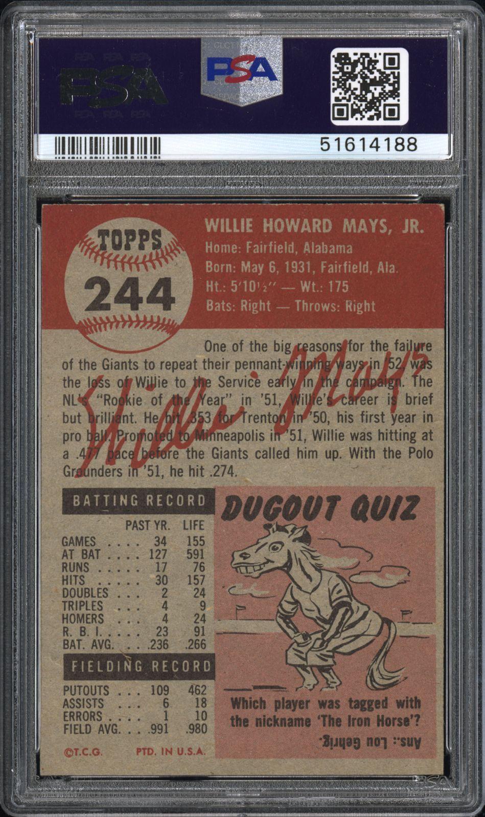 1953 Topps #244 Willie Mays PSA 6.5