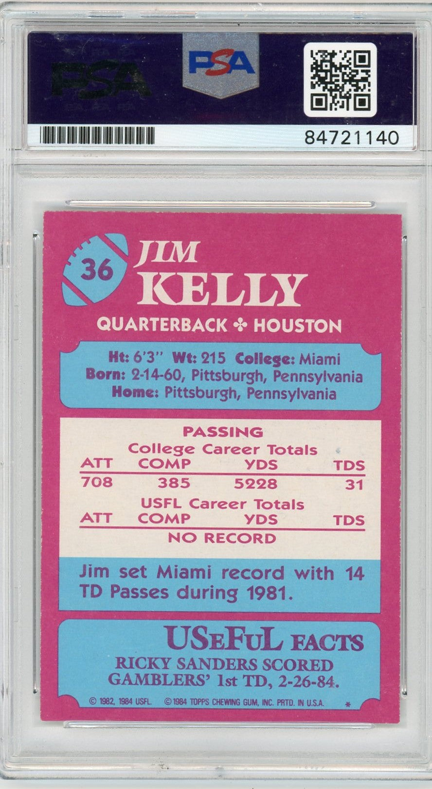 1987 Jim Kelly PSA A Auto A