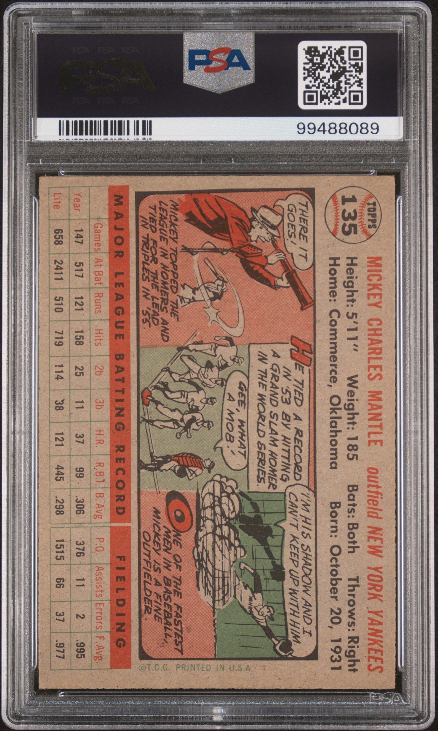 1956 TOPPS MICKEY MANTLE GRAY BACK #135 PSA 4