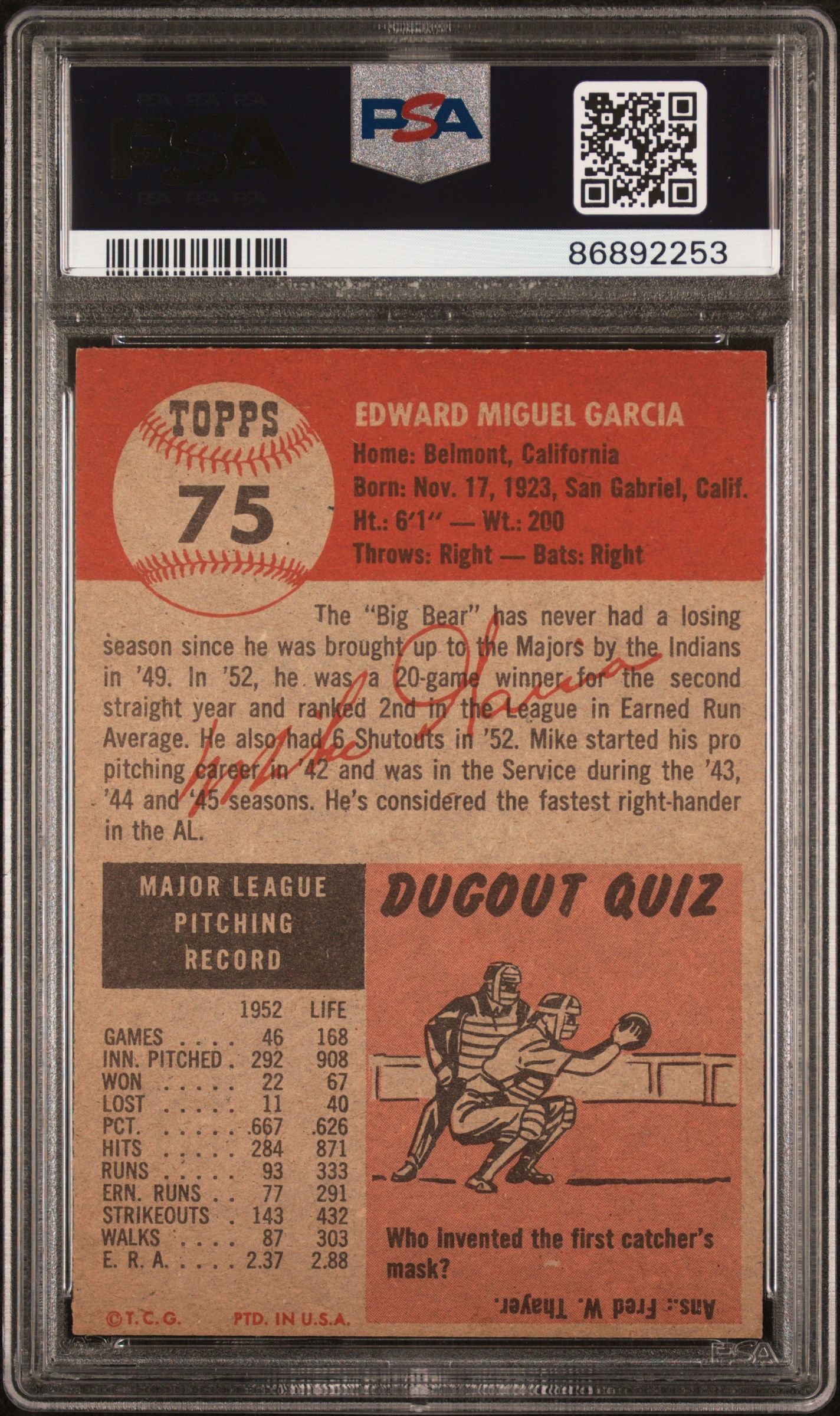 1953 TOPPS MIKE GARCIA #75 PSA 9