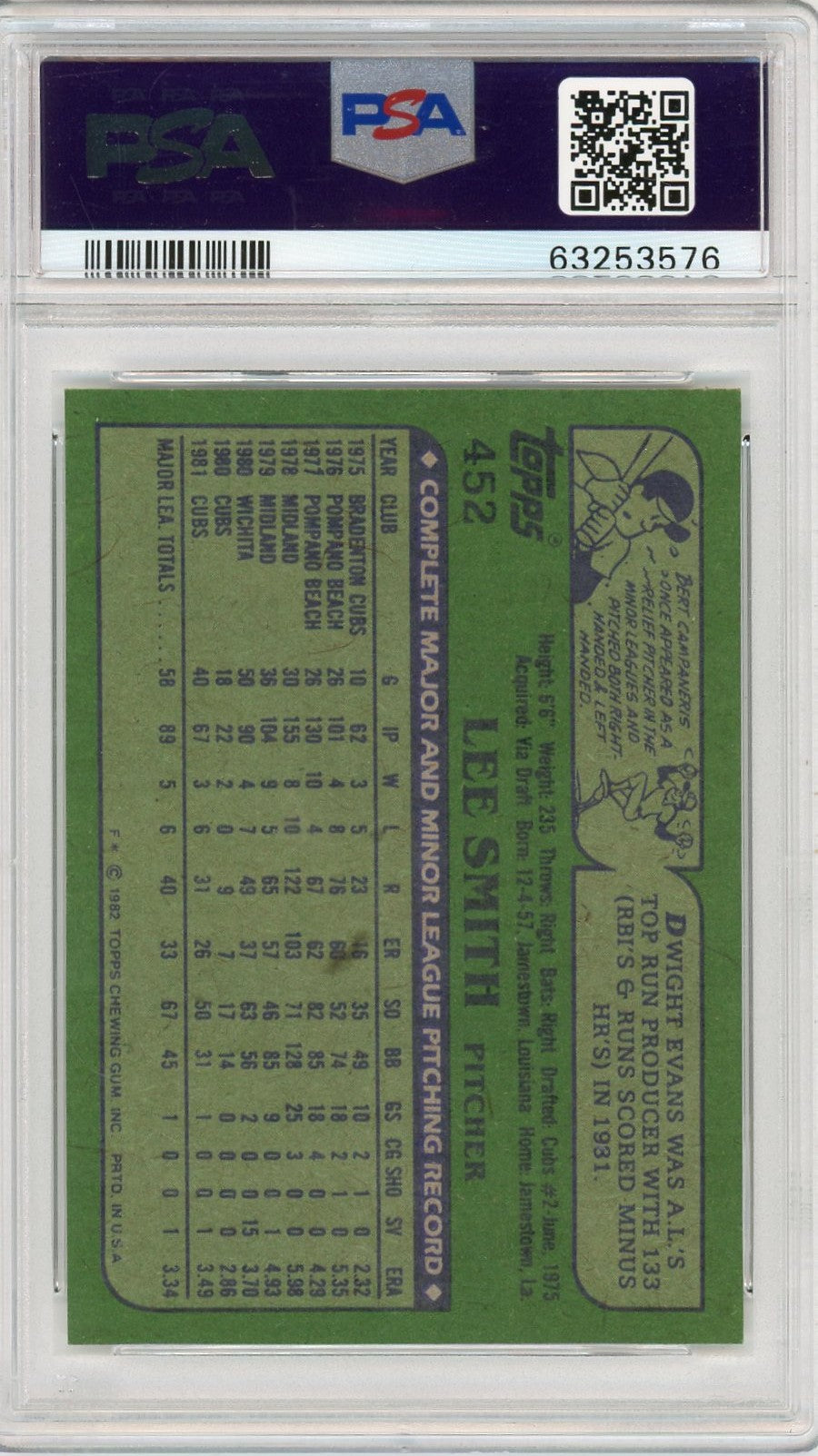 1982 Topps Lee Smith #452 PSA 9 Auto A