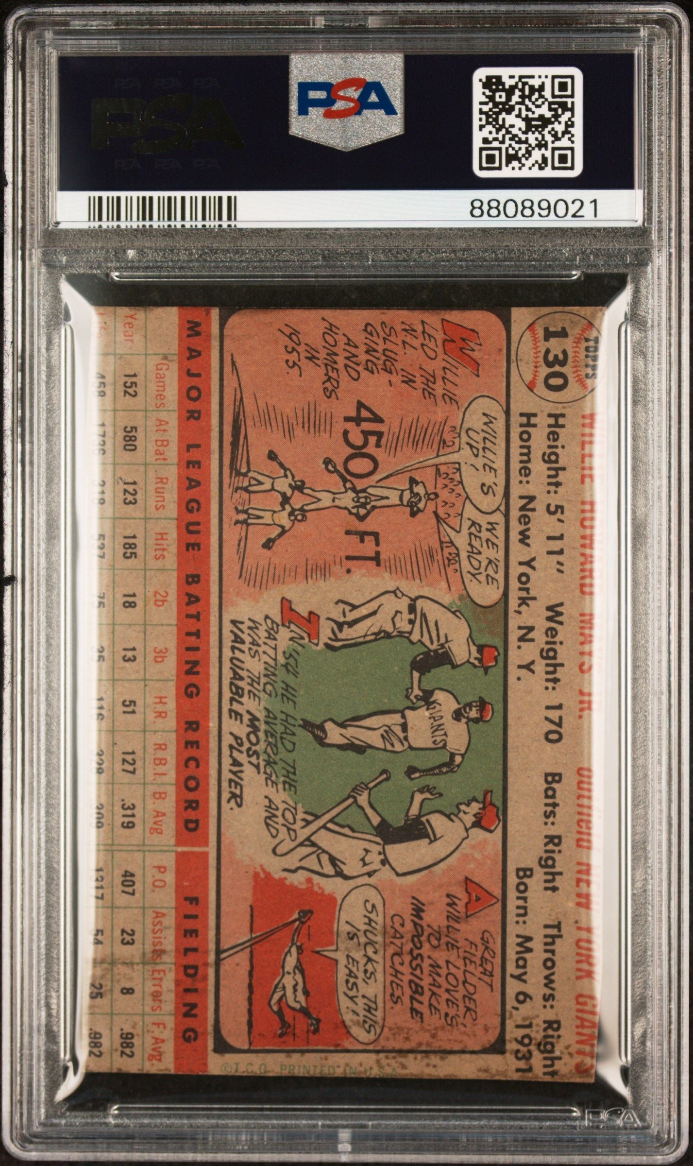 1956 TOPPS WILLIE MAYS GRAY BACK-(TRIMMED) #130 PSA/DNA AUTHENTIC AUTO 8