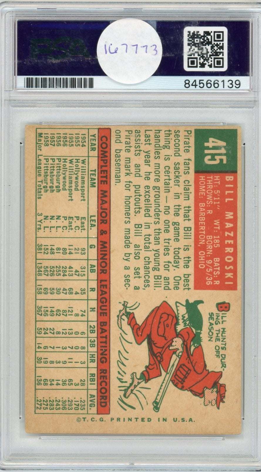 1959 Bill Mazeroski PSA A Auto A