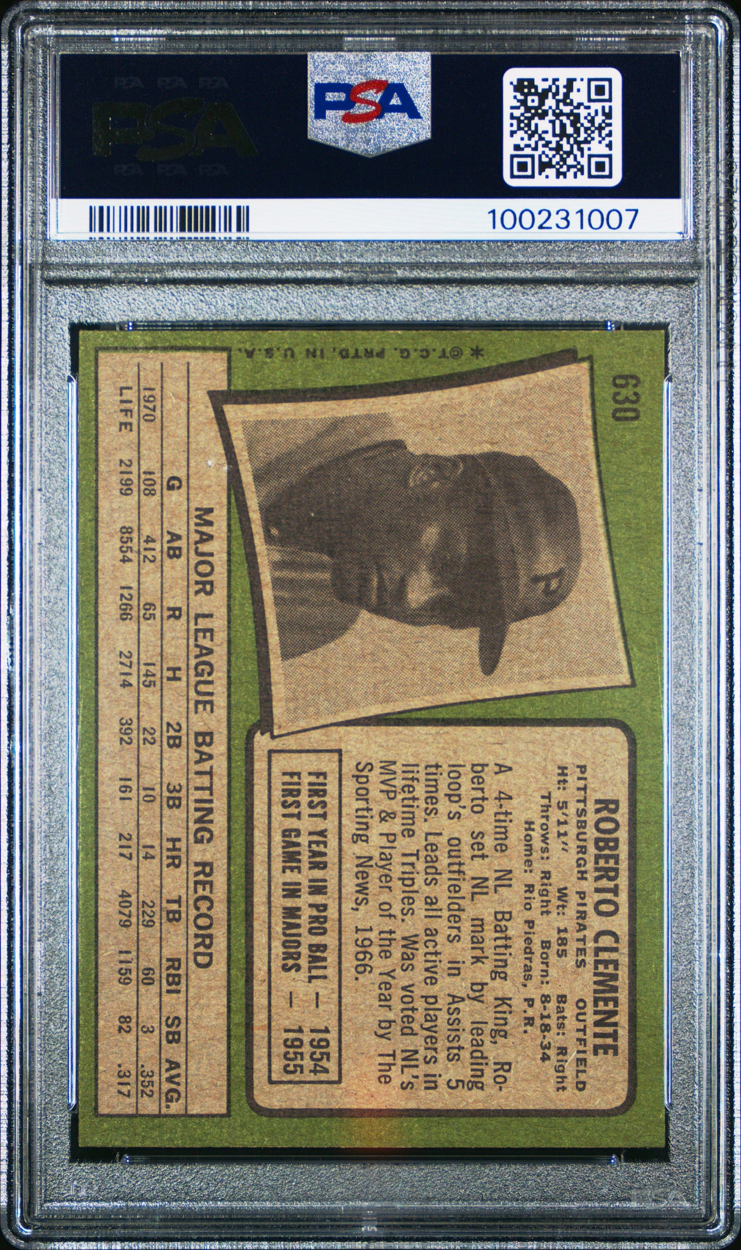 1971 TOPPS ROBERTO CLEMENTE #630 PSA 6