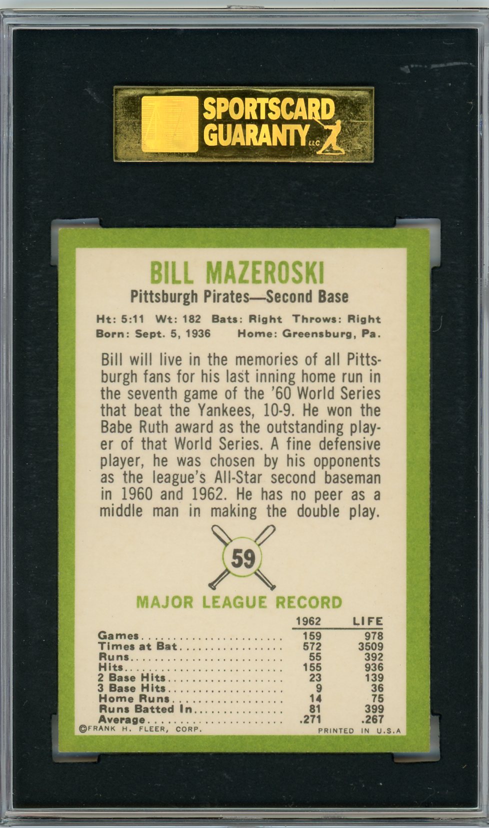 1963 Fleer Bill Mazeroski #59 SGC 8.5