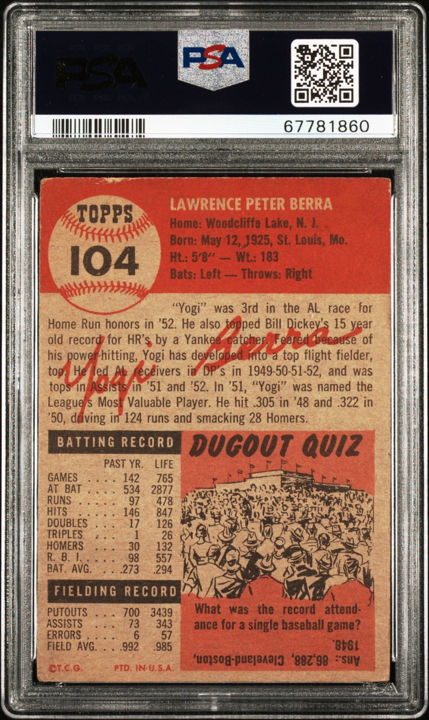 1953 TOPPS YOGI BERRA #104 PSA 2