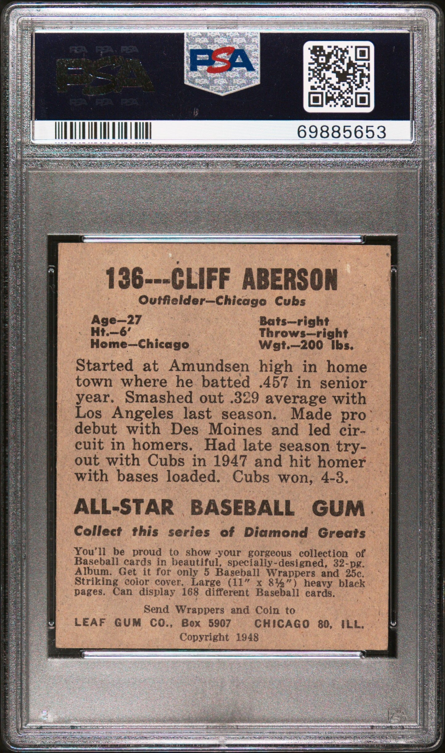 1948 LEAF CLIFF ABERSON FULL SLEEVES #136 PSA 6