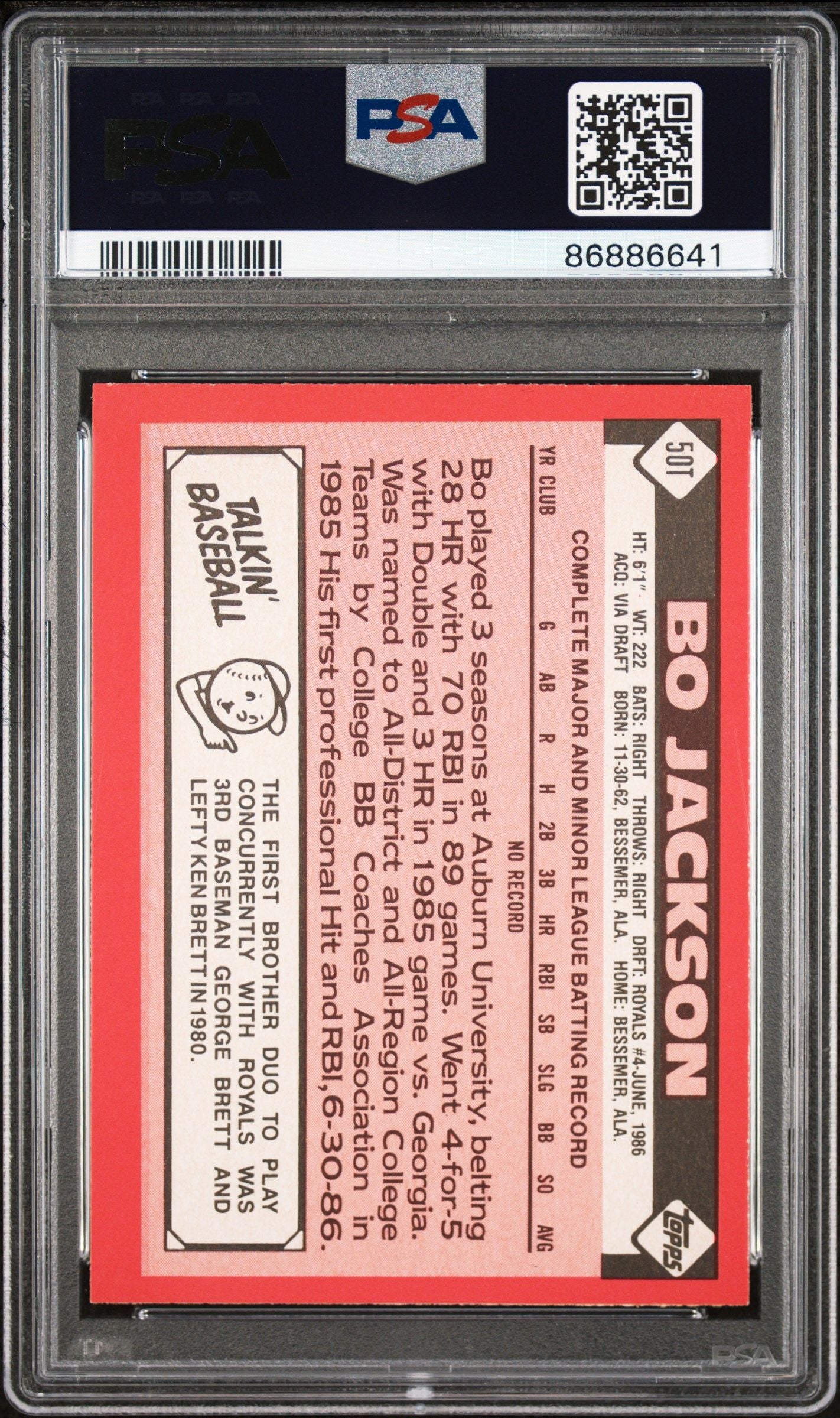 1986 TOPPS BO JACKSON TRADED TIFFANY #50T PSA 7