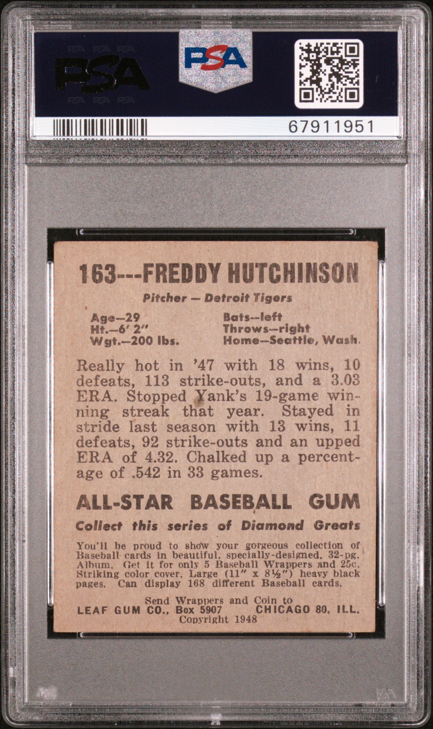 1948 LEAF FREDDY HUTCHINSON #163 PSA 4