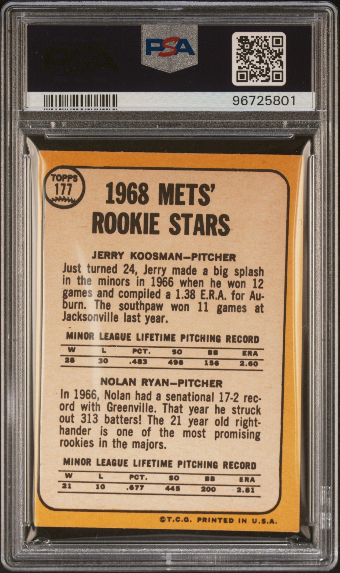 1968 TOPPS METS ROOKIES J.KOOSMAN/N.RYAN #177 PSA 6