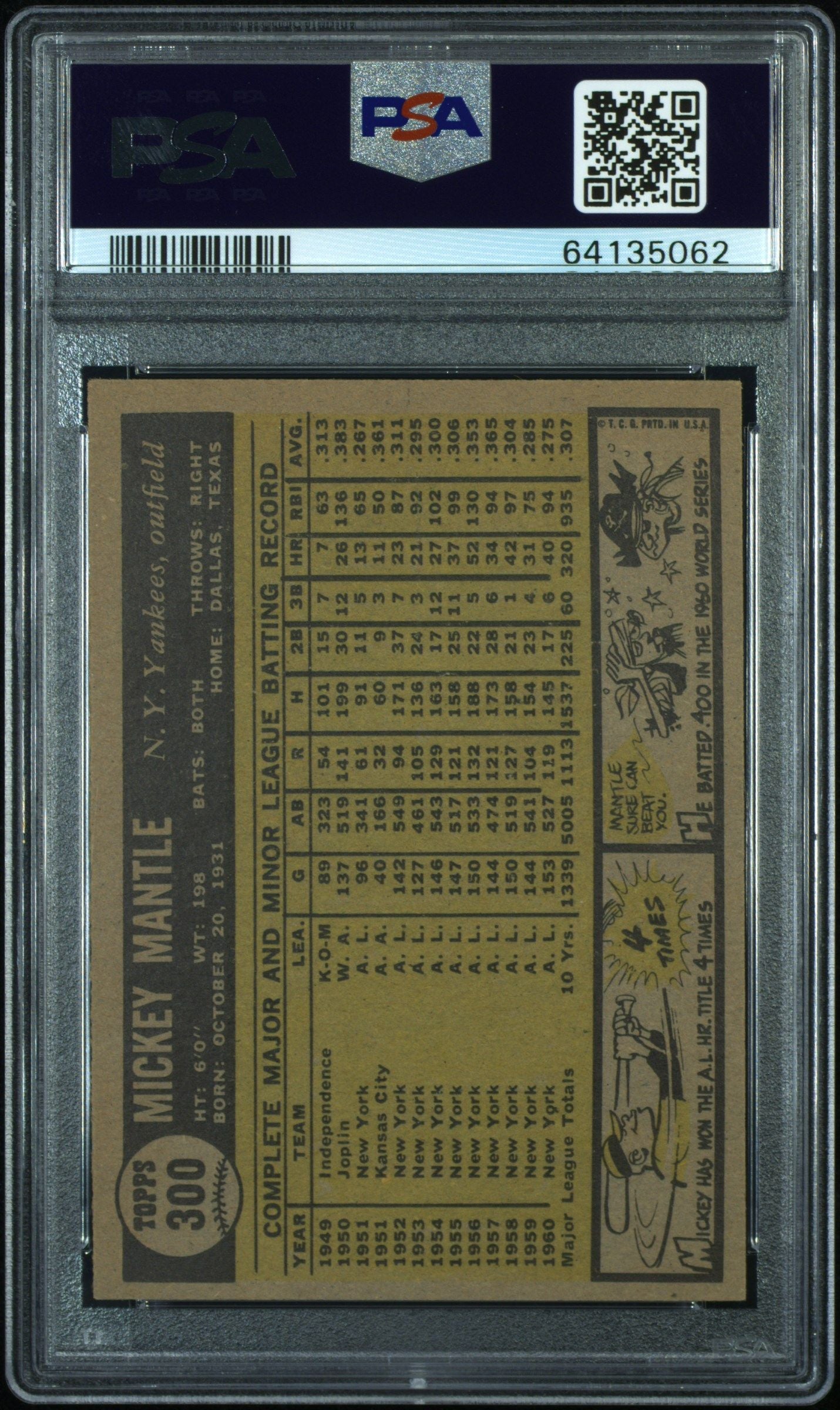 1961 TOPPS MICKEY MANTLE #300 PSA 5