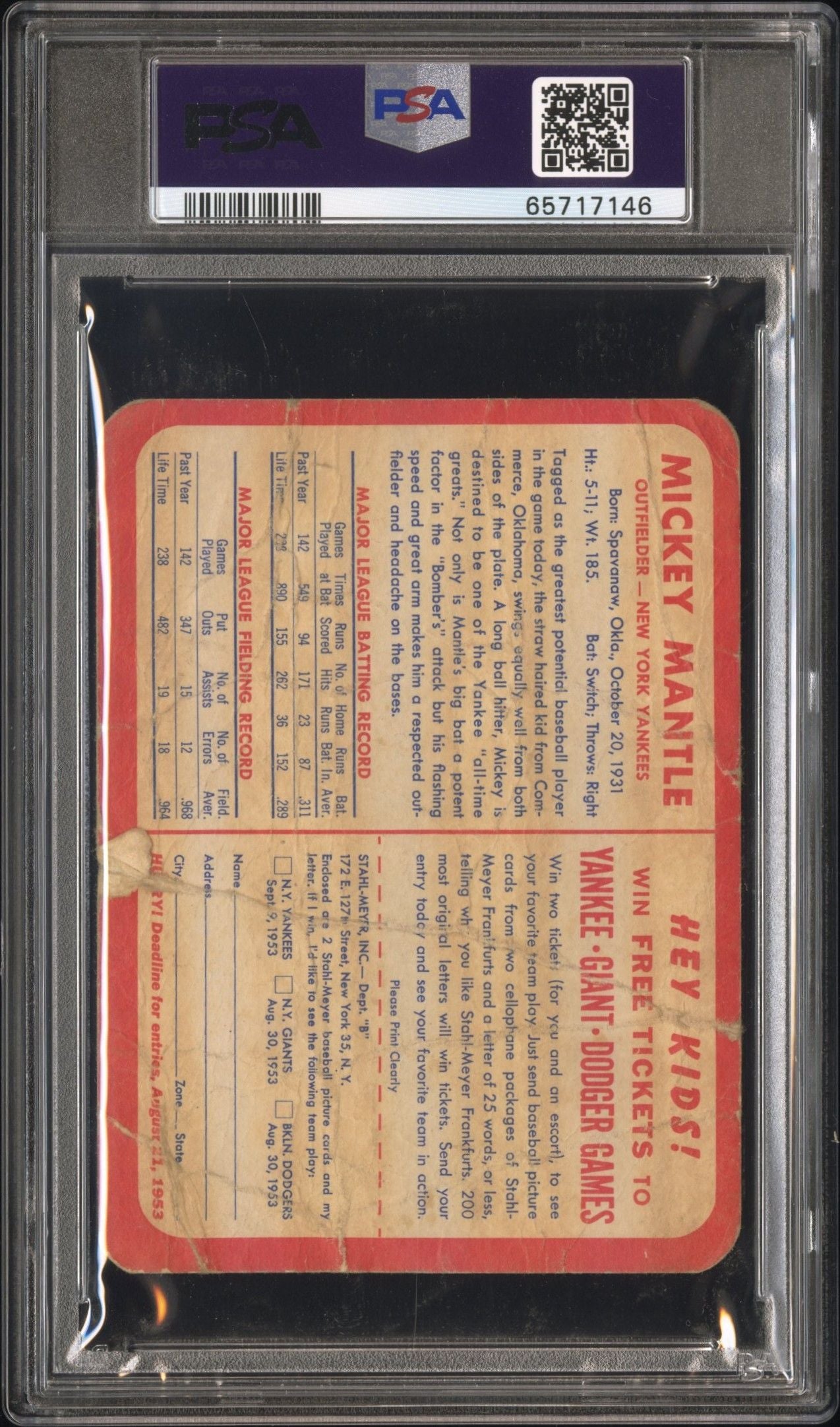 1953 MICKEY MANTLE STAHL-MEYER FRANKS PSA 1