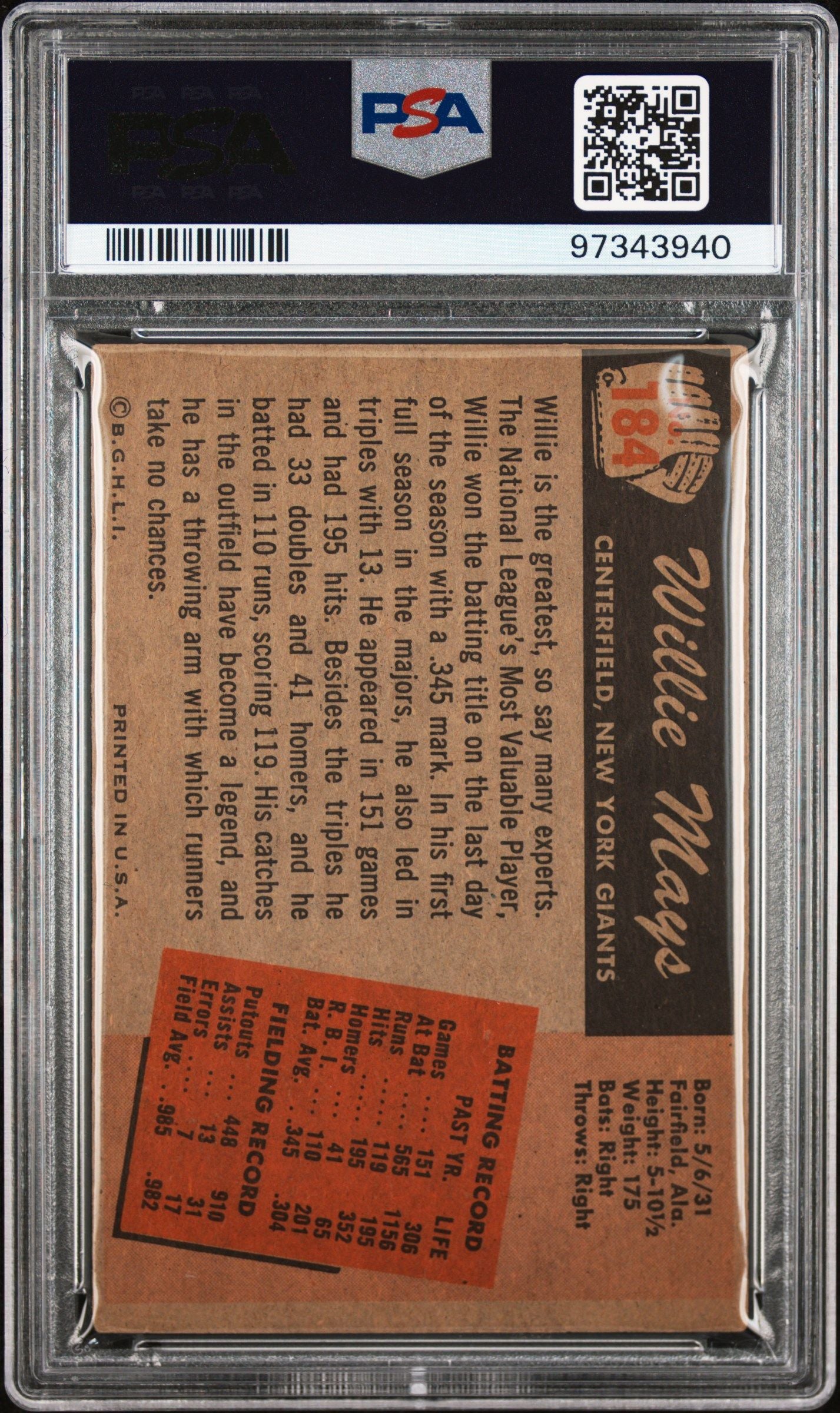 1955 BOWMAN WILLIE MAYS #184 PSA/DNA 1 AUTO 10