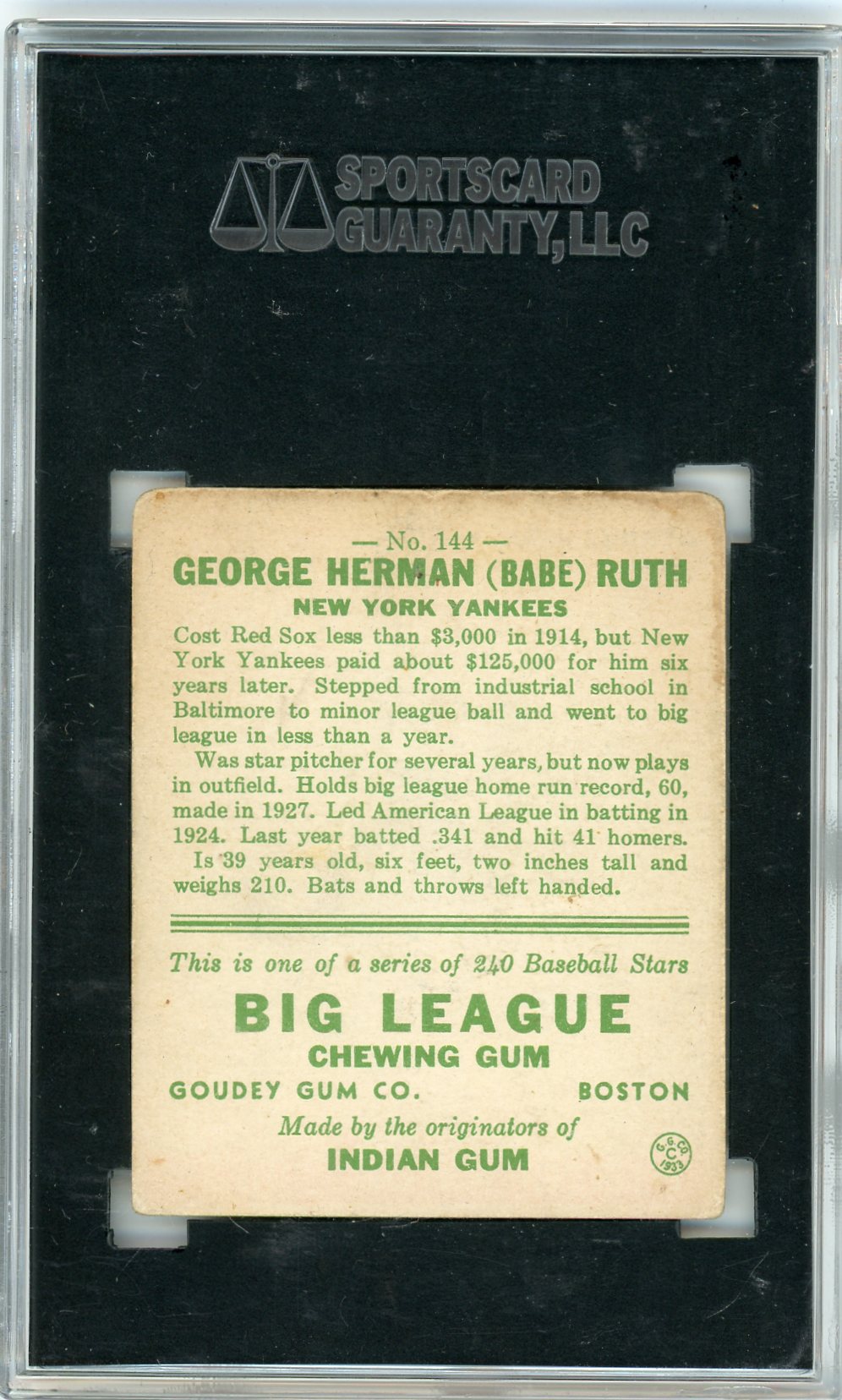 1933 Goudey Babe Ruth #144 SGC 2