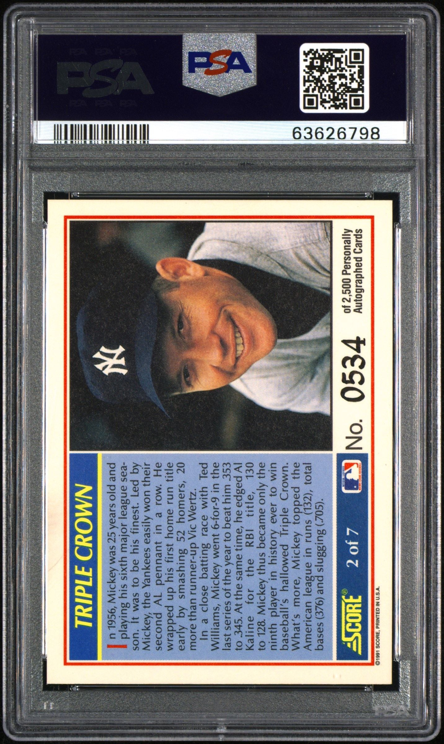 1991 SCORE TRIPLE CROWN MICKEY MANTLE AUTOGRAPH #2 PSA/DNA 9