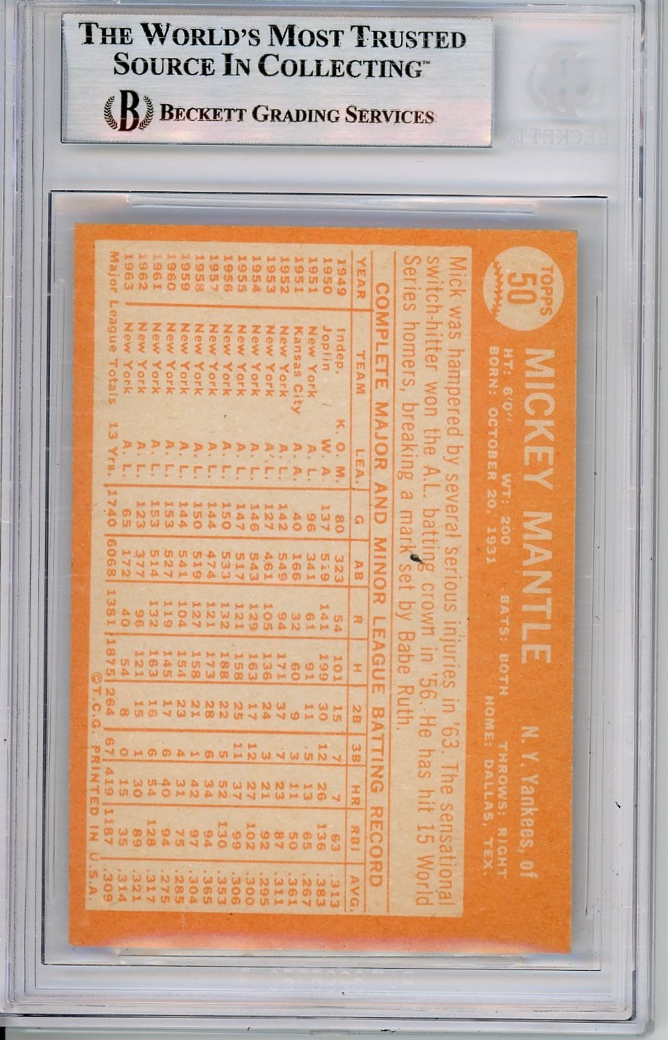 1964 TOPPS MICKEY MANTLE #50 BGS 7