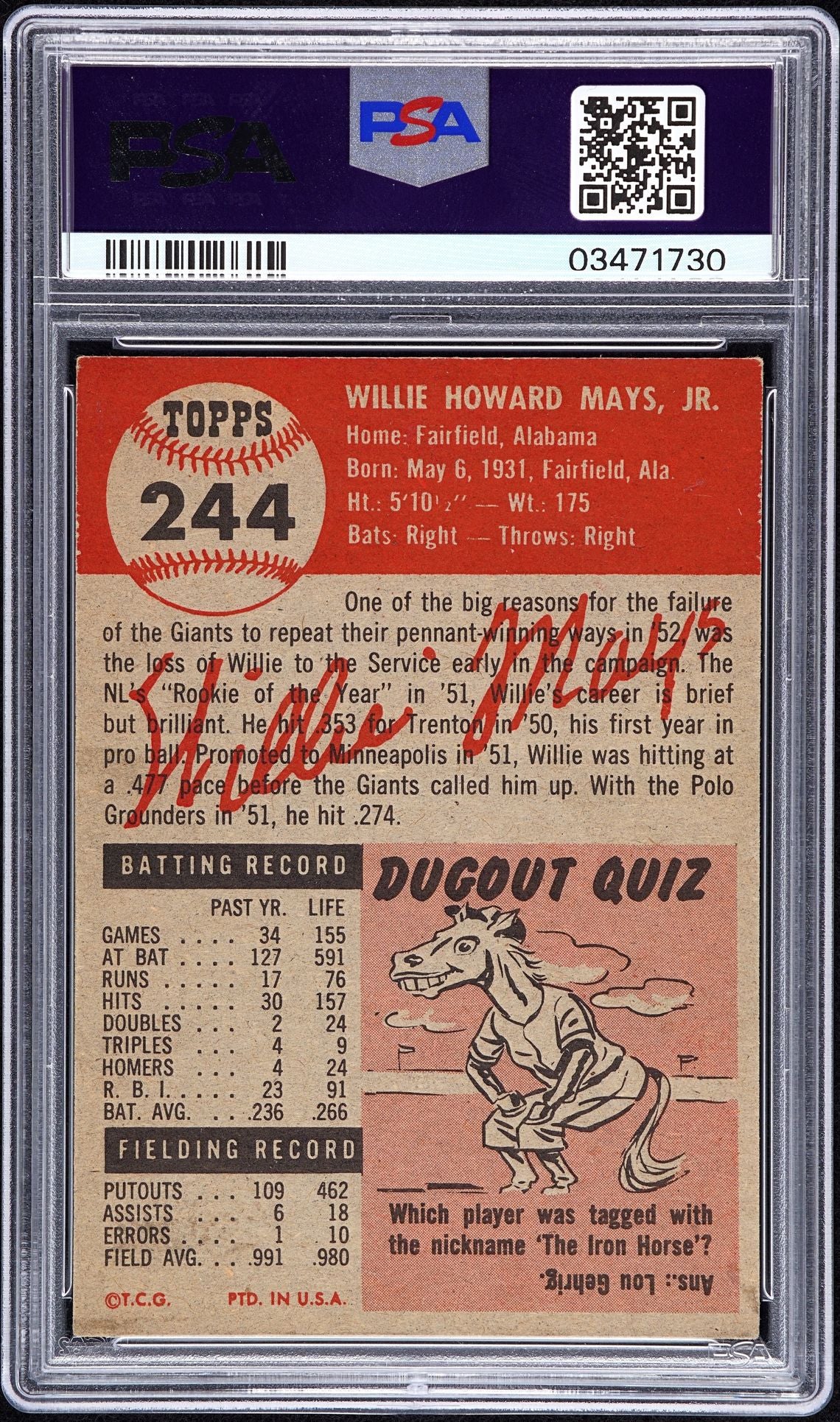 1953 TOPPS WILLIE MAYS #244 PSA 5