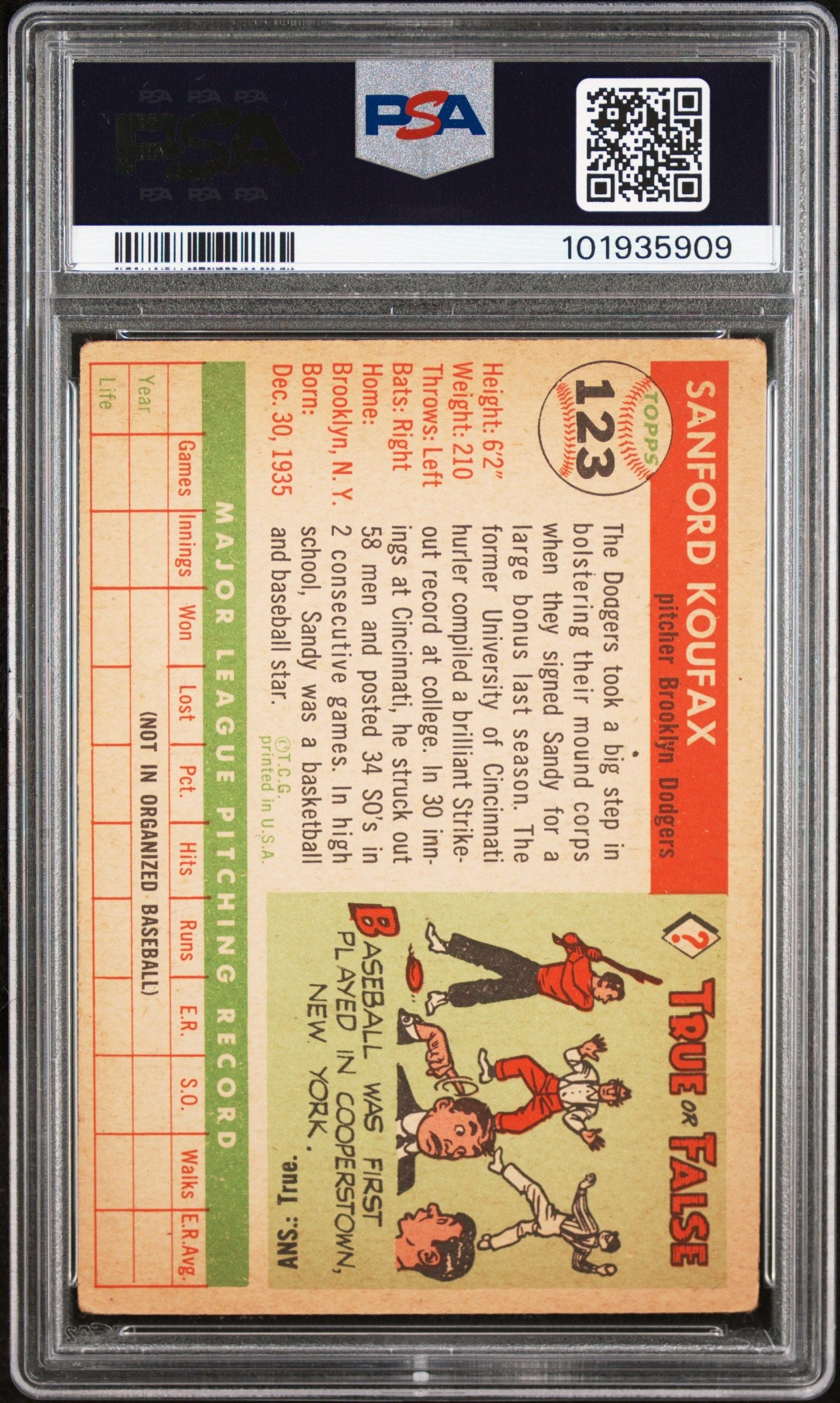 1955 TOPPS SANDY KOUFAX #123 PSA 3