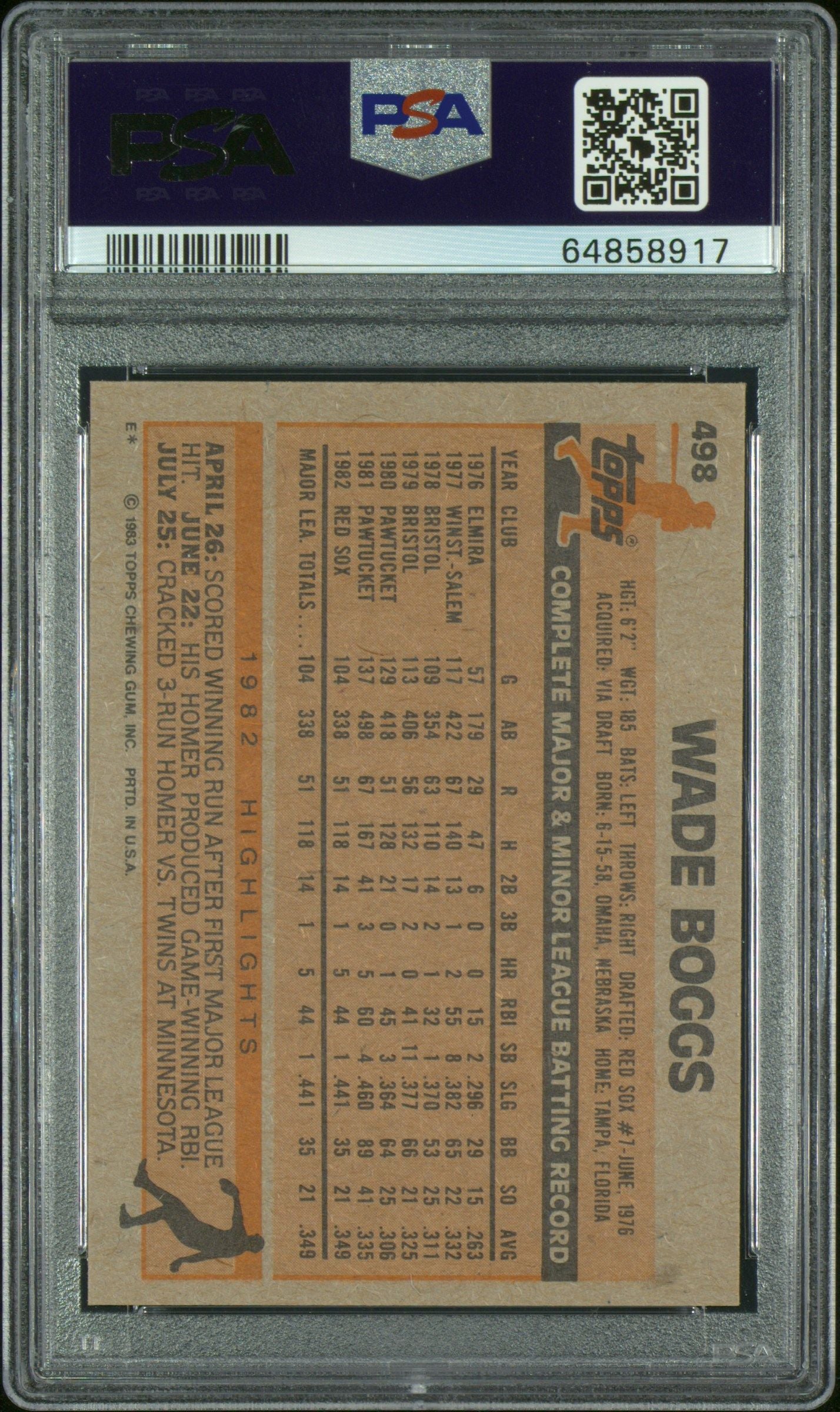 1983 TOPPS WADE BOGGS #498 PSA 9