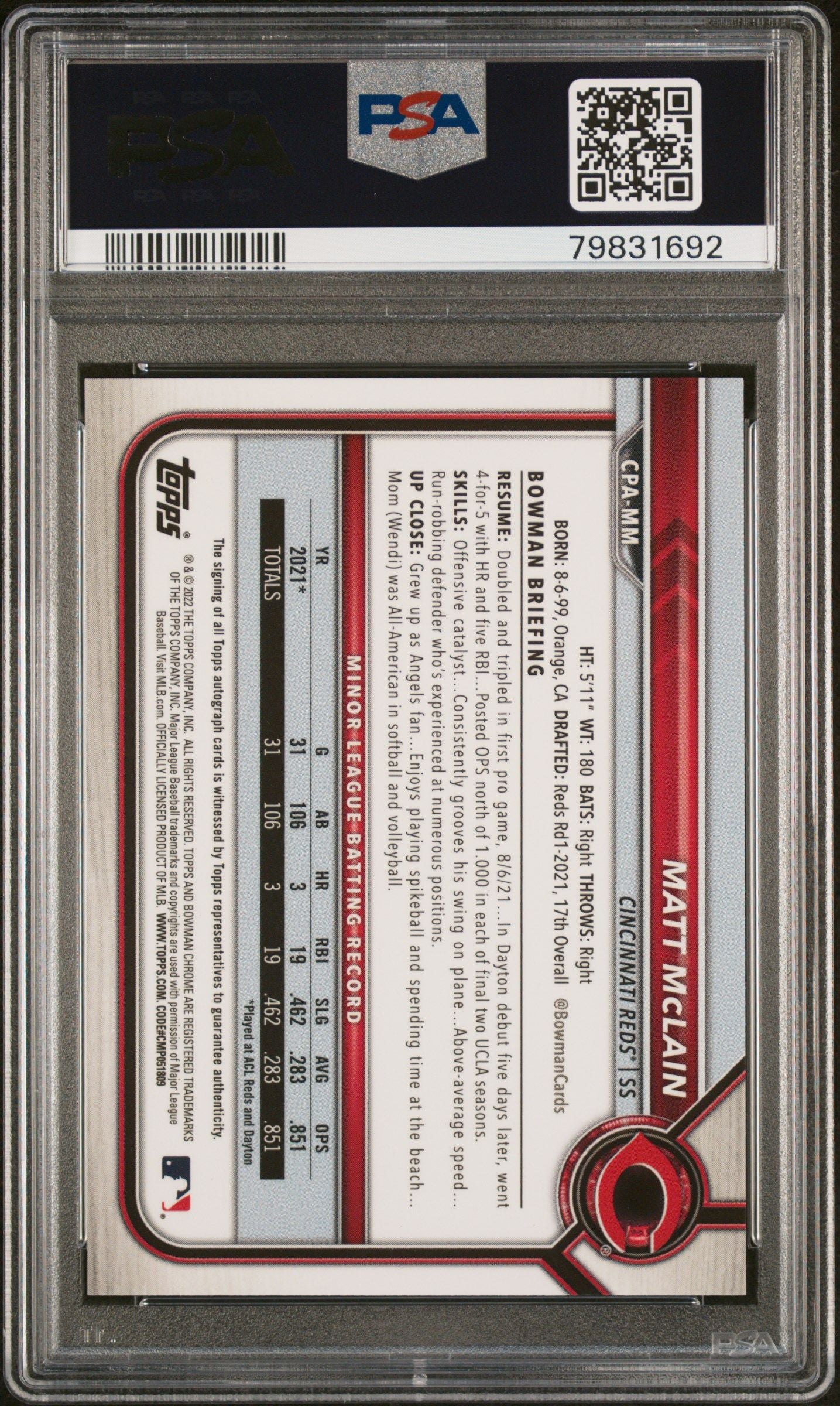 2022 BOWMAN MATT MCLAIN CHROME PROSPECT AUTOGRAPHS CHR.PROS.AU-YELLOW REF. #CPAMM PSA 10