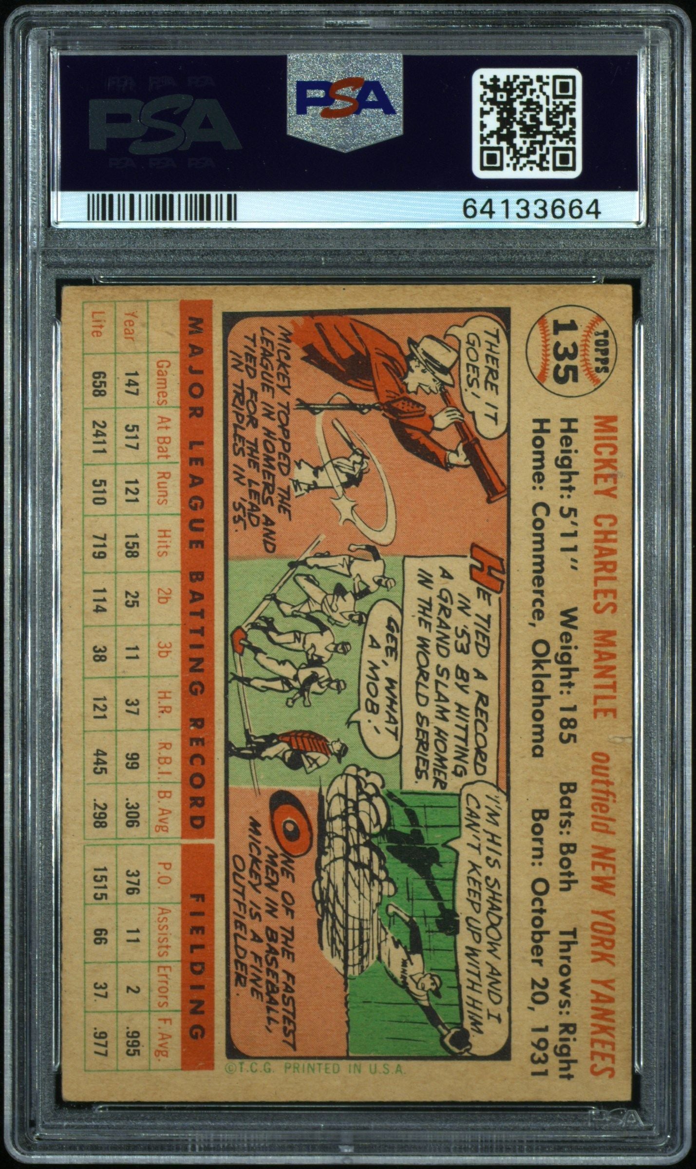 1956 TOPPS MICKEY MANTLE WHITE BACK #135 PSA 1