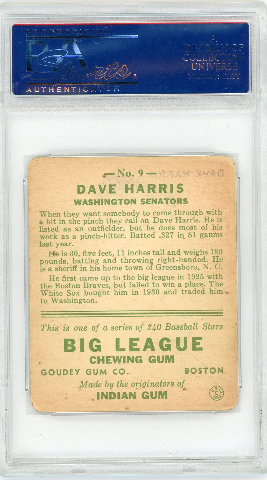 1933 Goudey Dave Harris #9 PSA 3