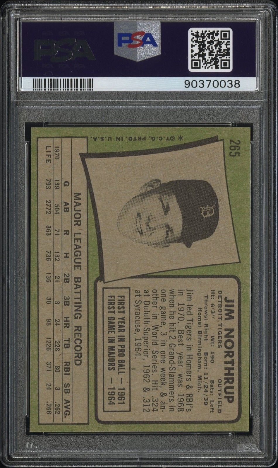 1971 TOPPS JIM NORTHRUP BLACK BLOB RIGHT OF PHOTO #265 PSA 9