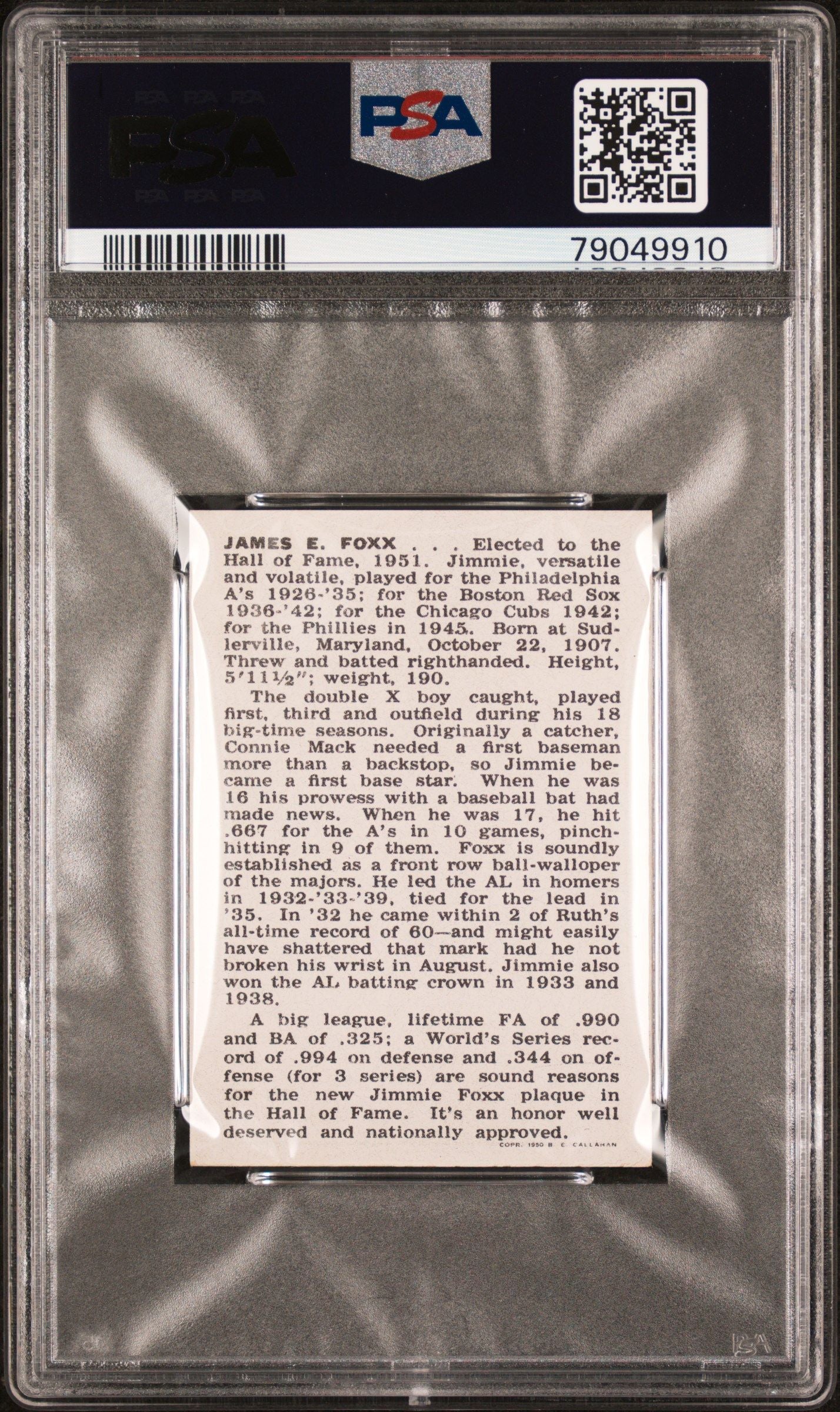 1950 JIMMIE FOXX CALLAHAN HALL OF FAME PSA 9