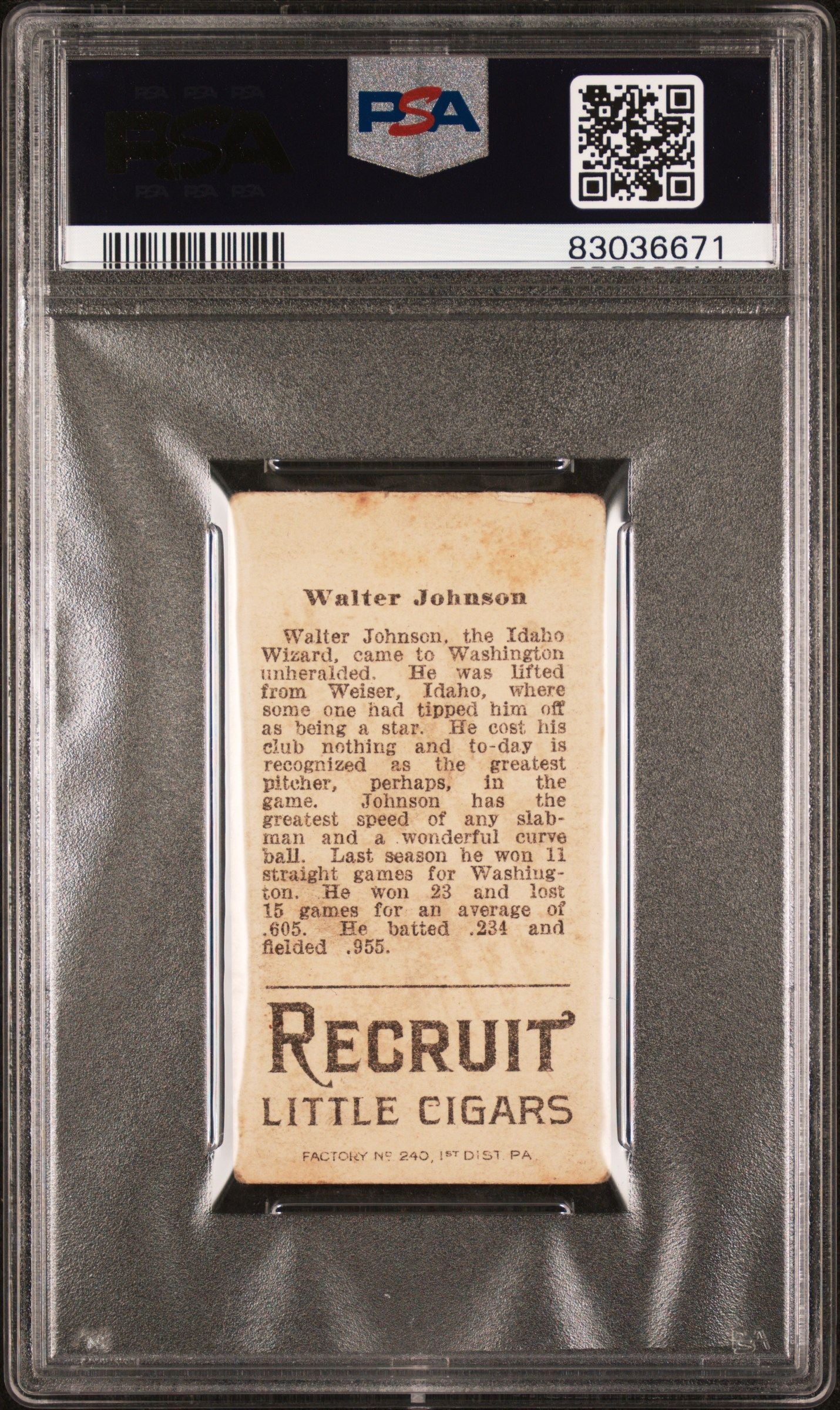 1912 WALTER JOHNSON T207 BROWN BACKGROUND PSA 3