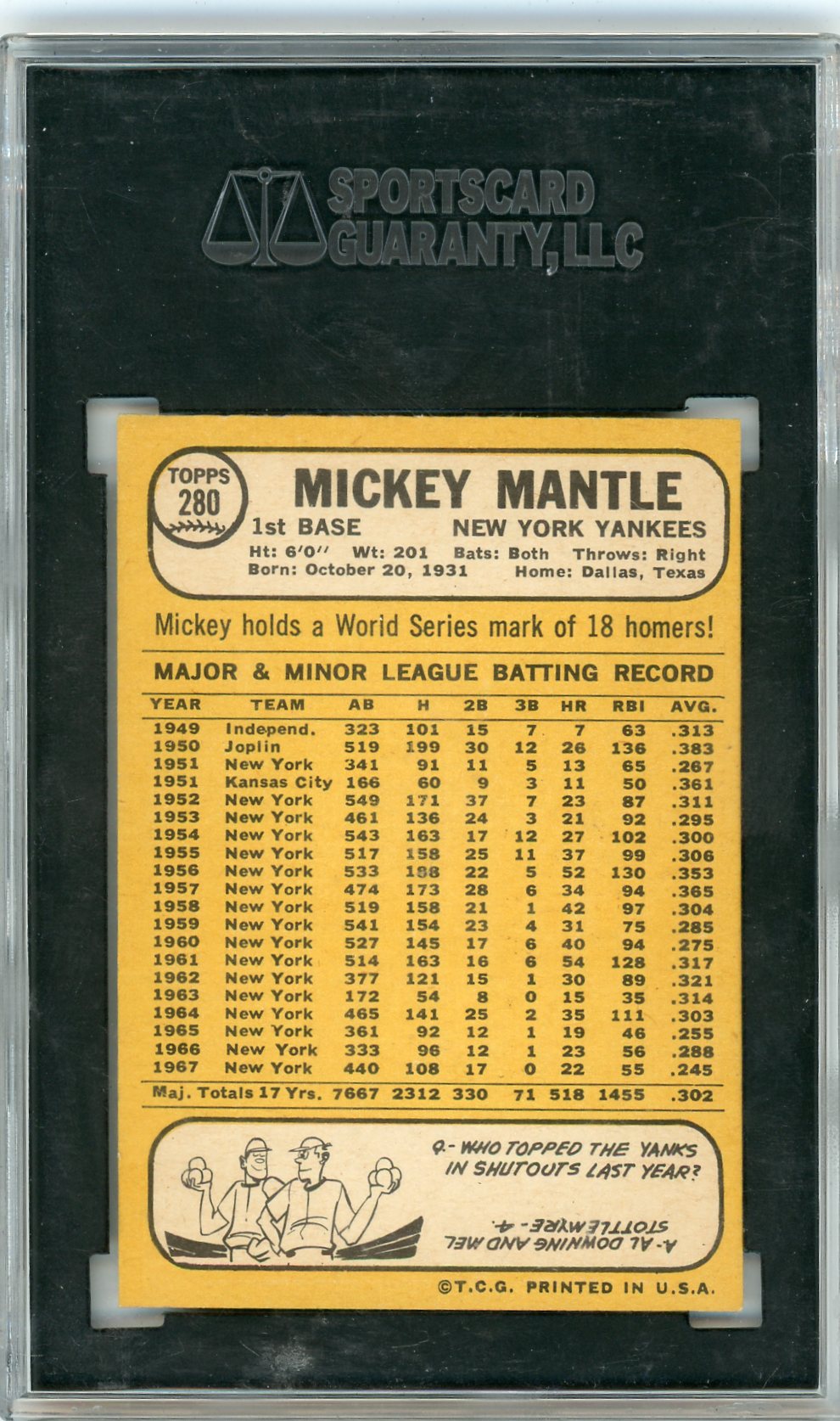 1968 Topps Mickey Mantle #280 SGC 5.5