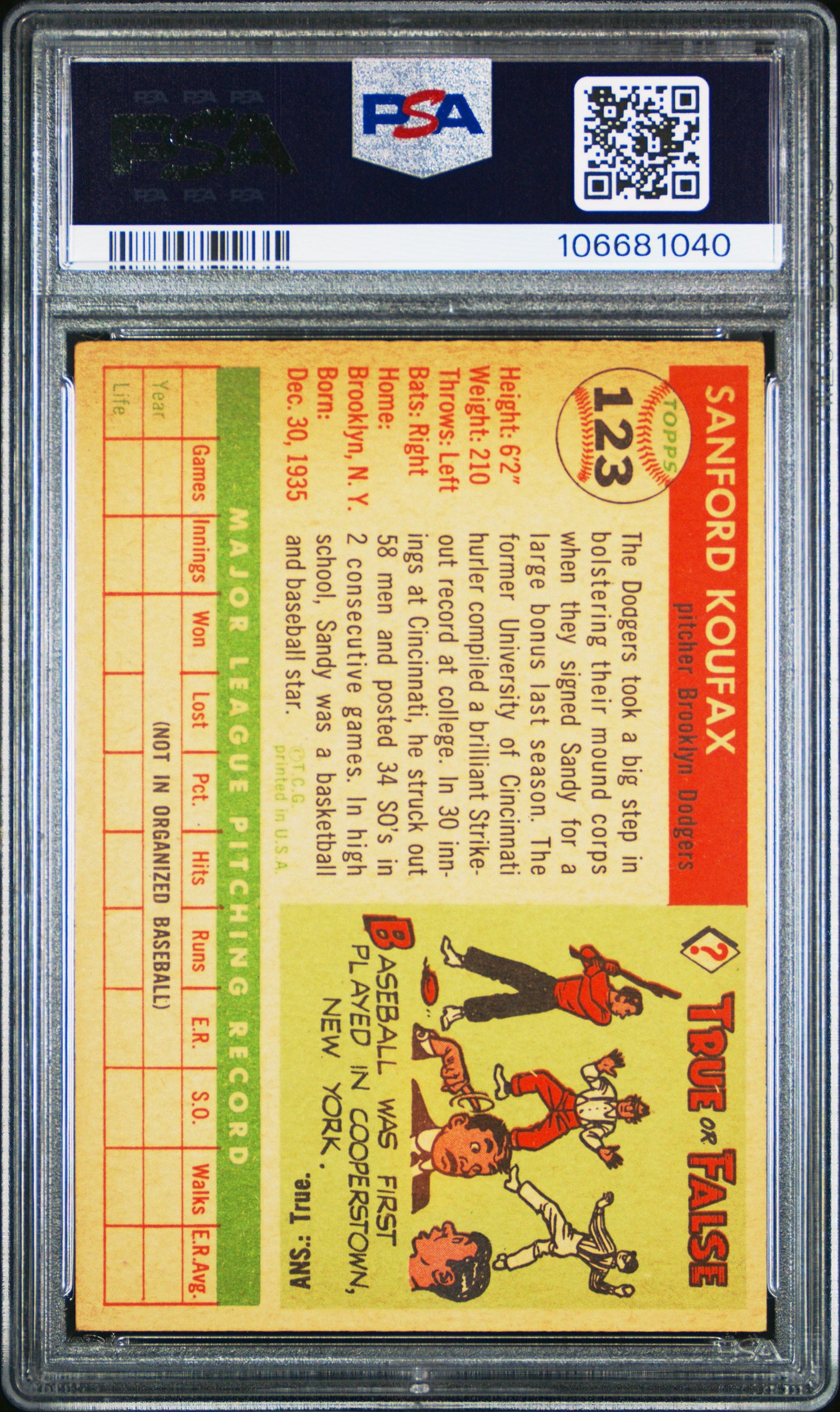 1955 TOPPS SANDY KOUFAX #123 PSA 5