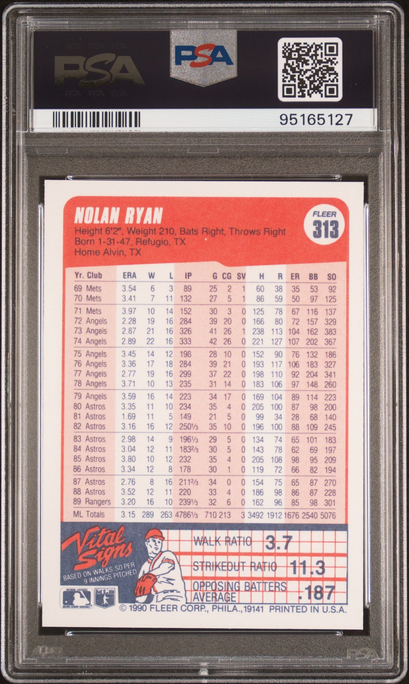1990 FLEER NOLAN RYAN #313 PSA/DNA 9 AUTO 10