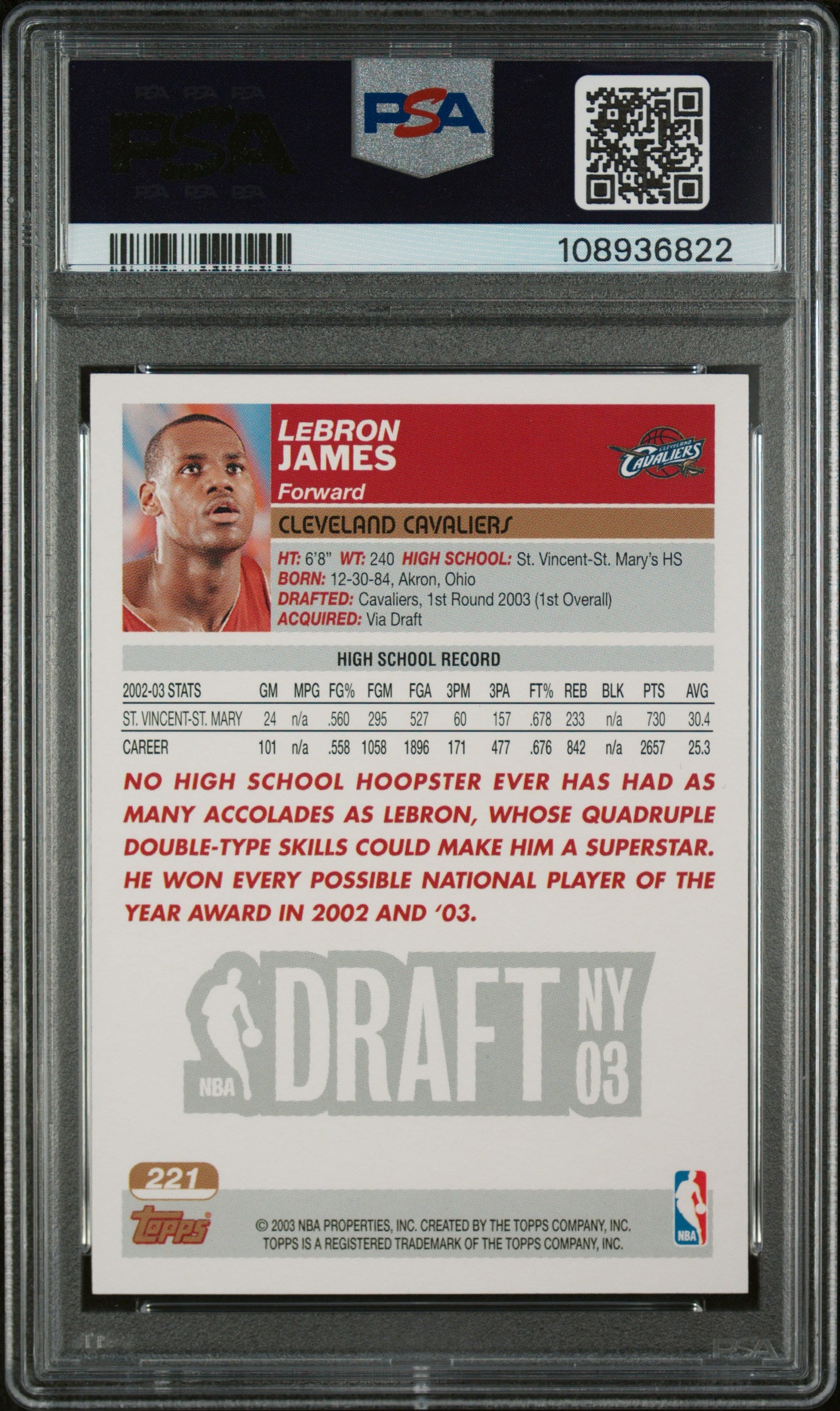 2003 Topps LeBron James #221 Collection PSA 10