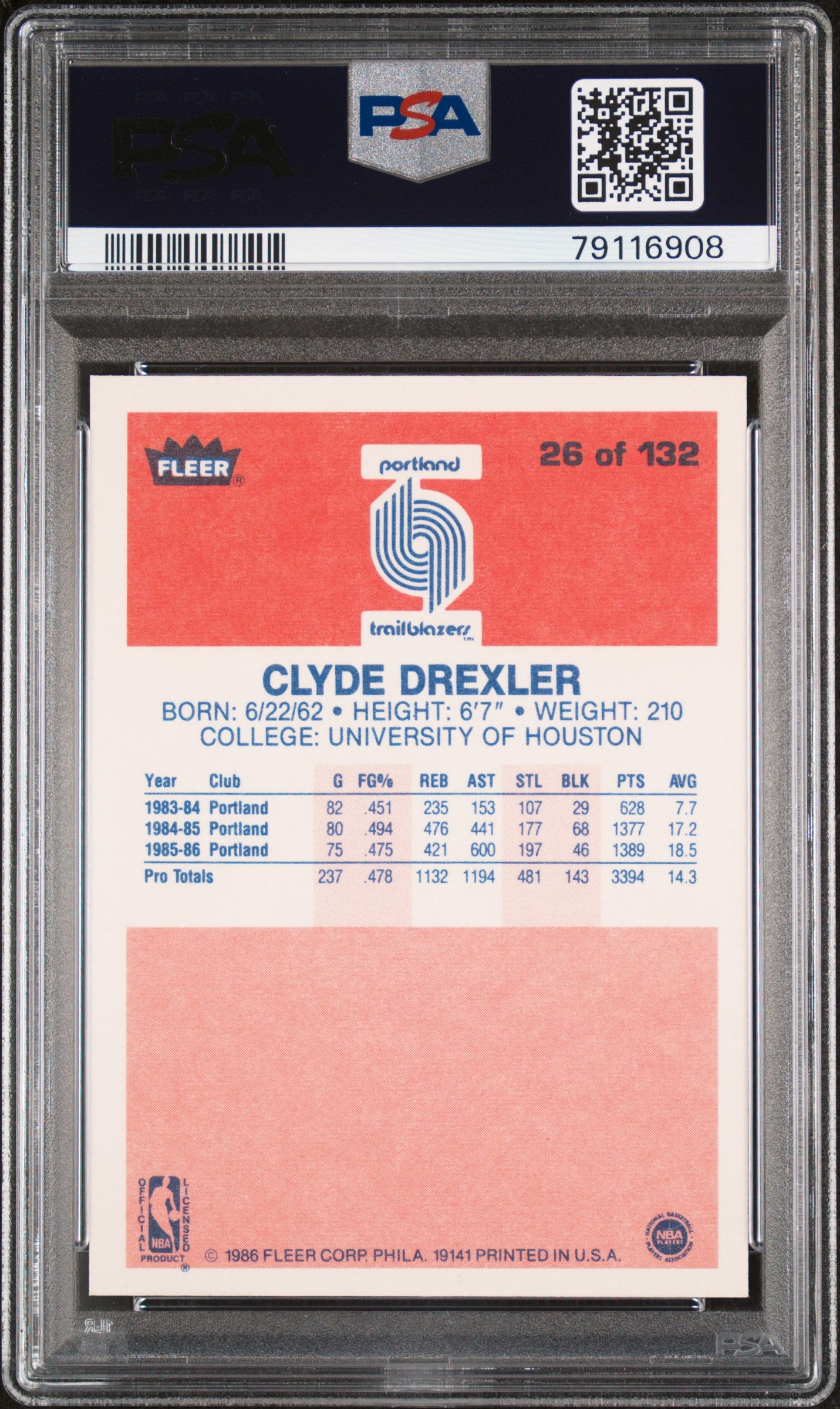 1986 Fleer Clyde Drexler #26 PSA 9