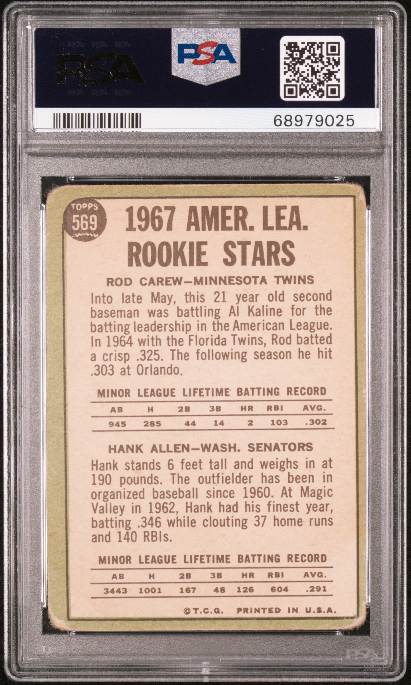 1967 Topps A. L. Rookies #569 R. Carew H. Allen PSA 2