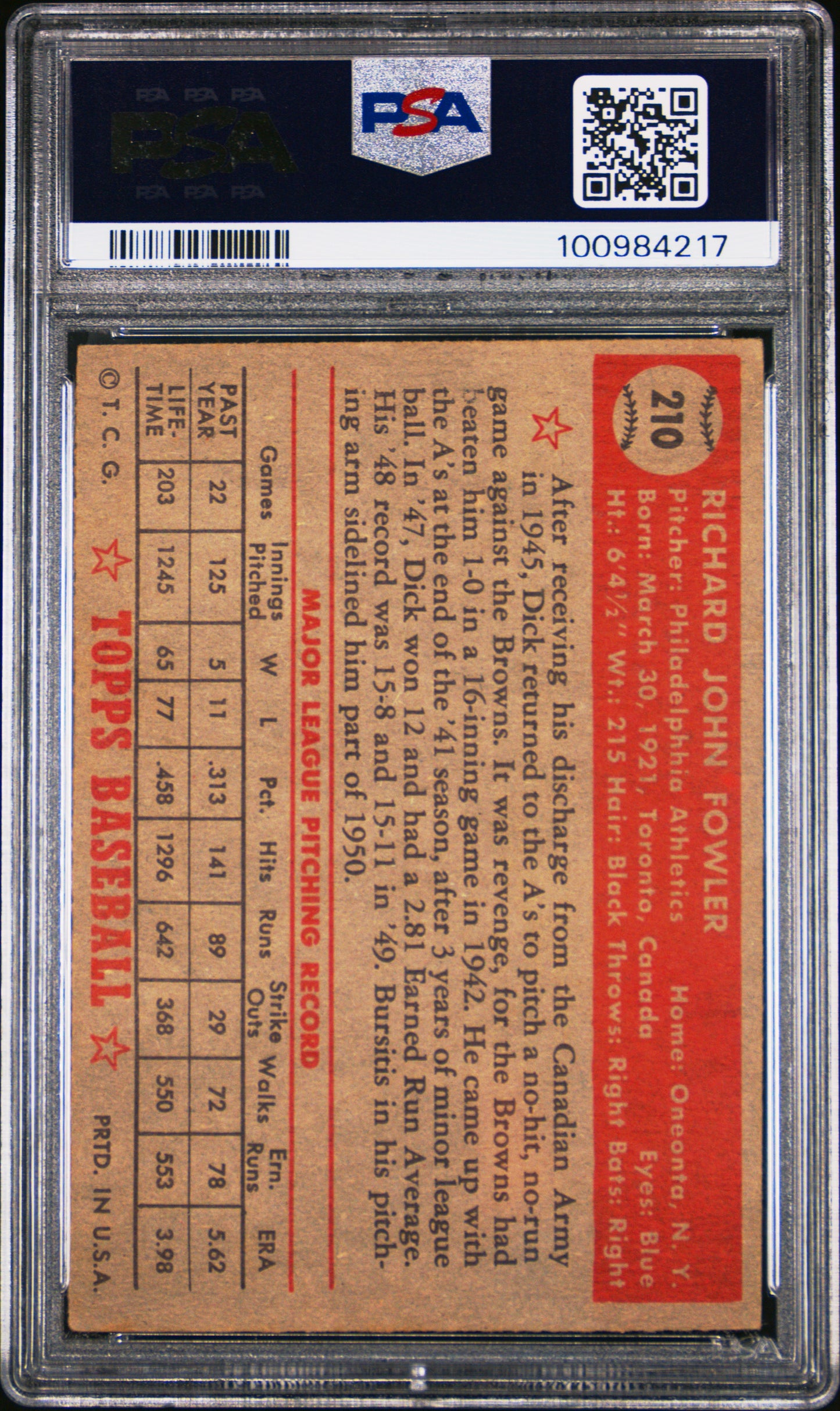 1952 Topps Dick Fowler #210 PSA 4