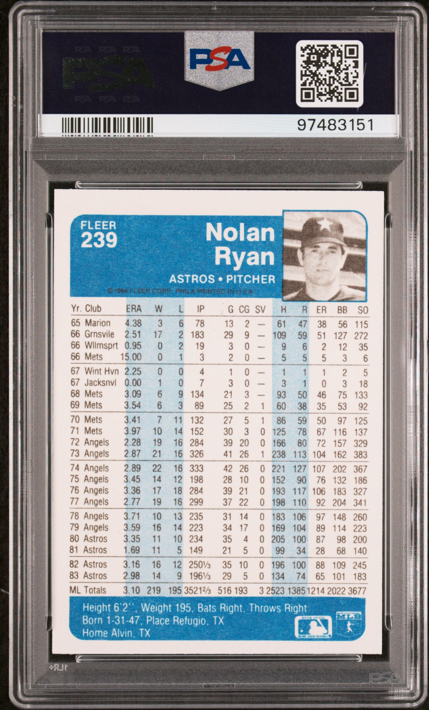 1984 Fleer Nolan Ryan #239 PSA 10