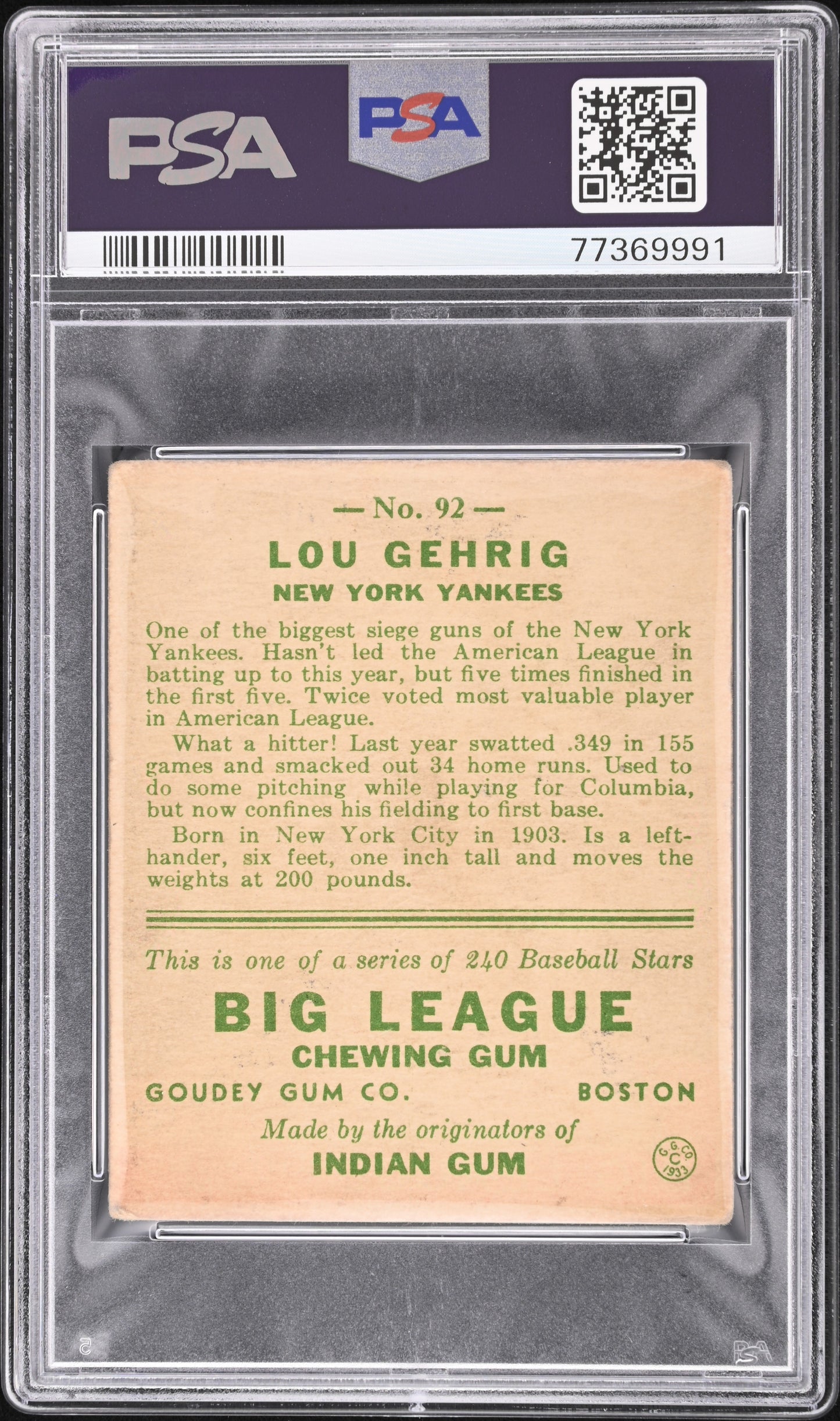 1933 Goudey Lou Gehrig #92 PSA 3