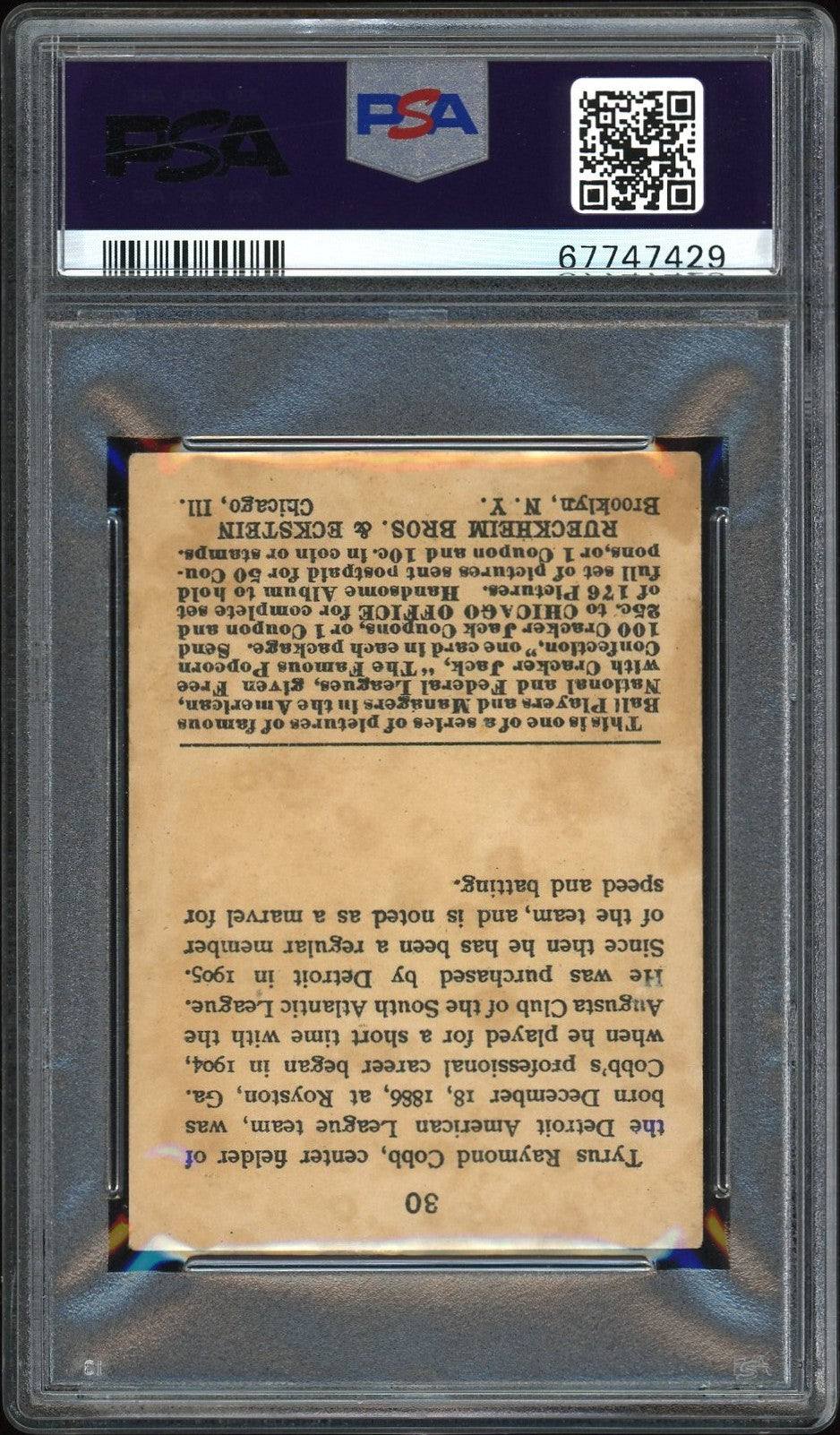 1915 Cracker Jack Ty Cobb #30 PSA A