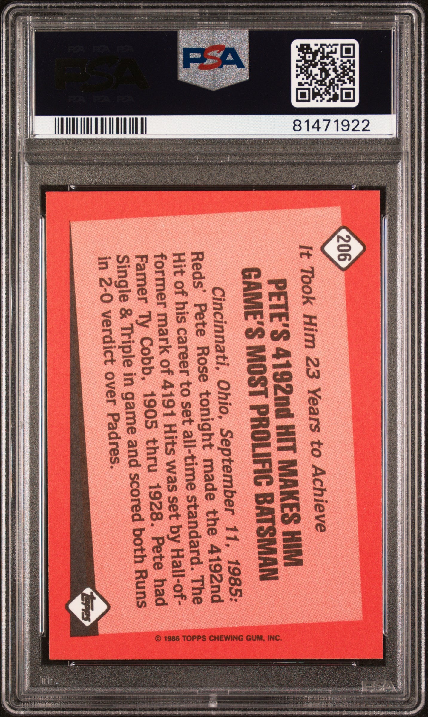 1986 Topps Tiffany Pete Rose #206 PSA 10