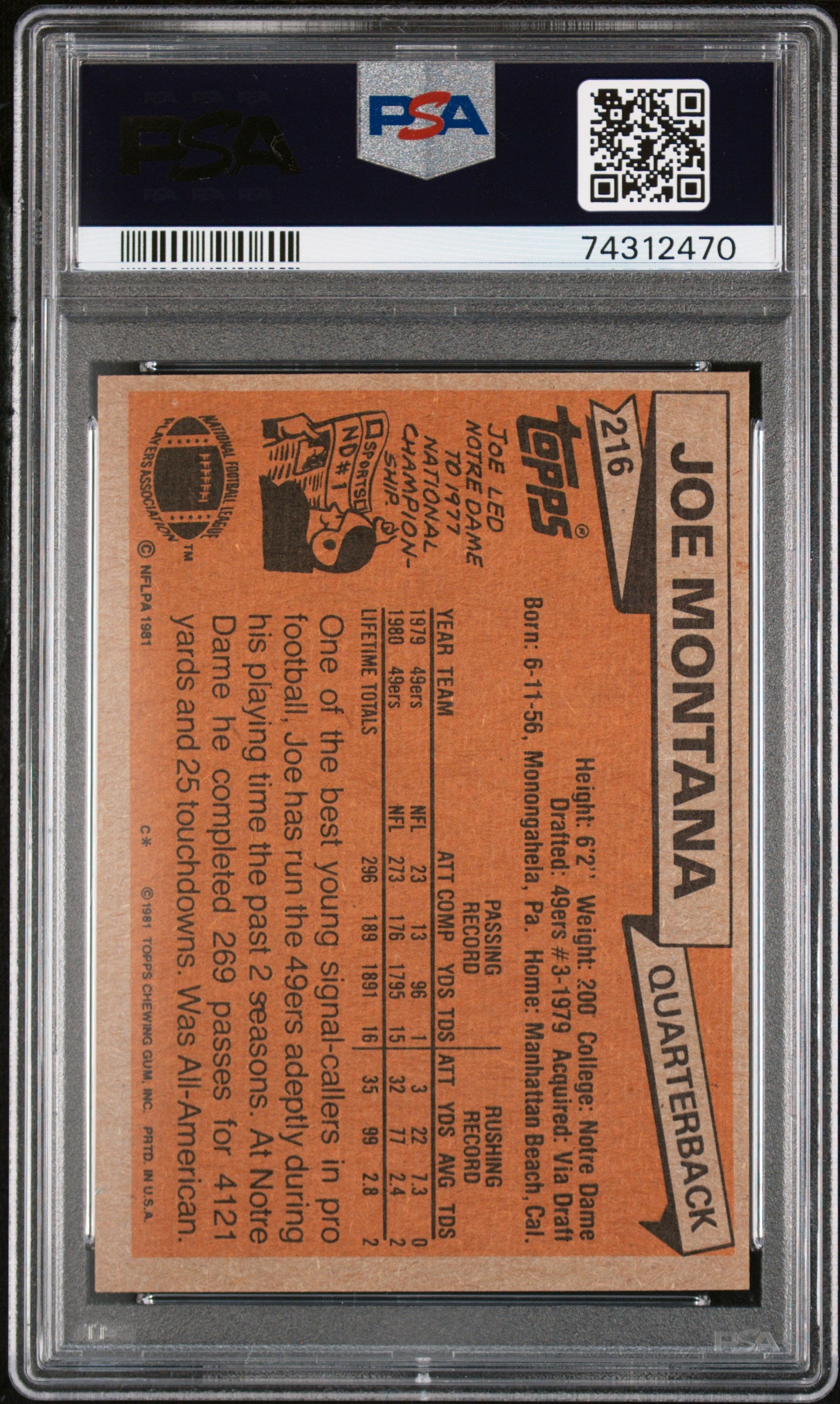 1981 Topps Joe Montana #216 PSA 7