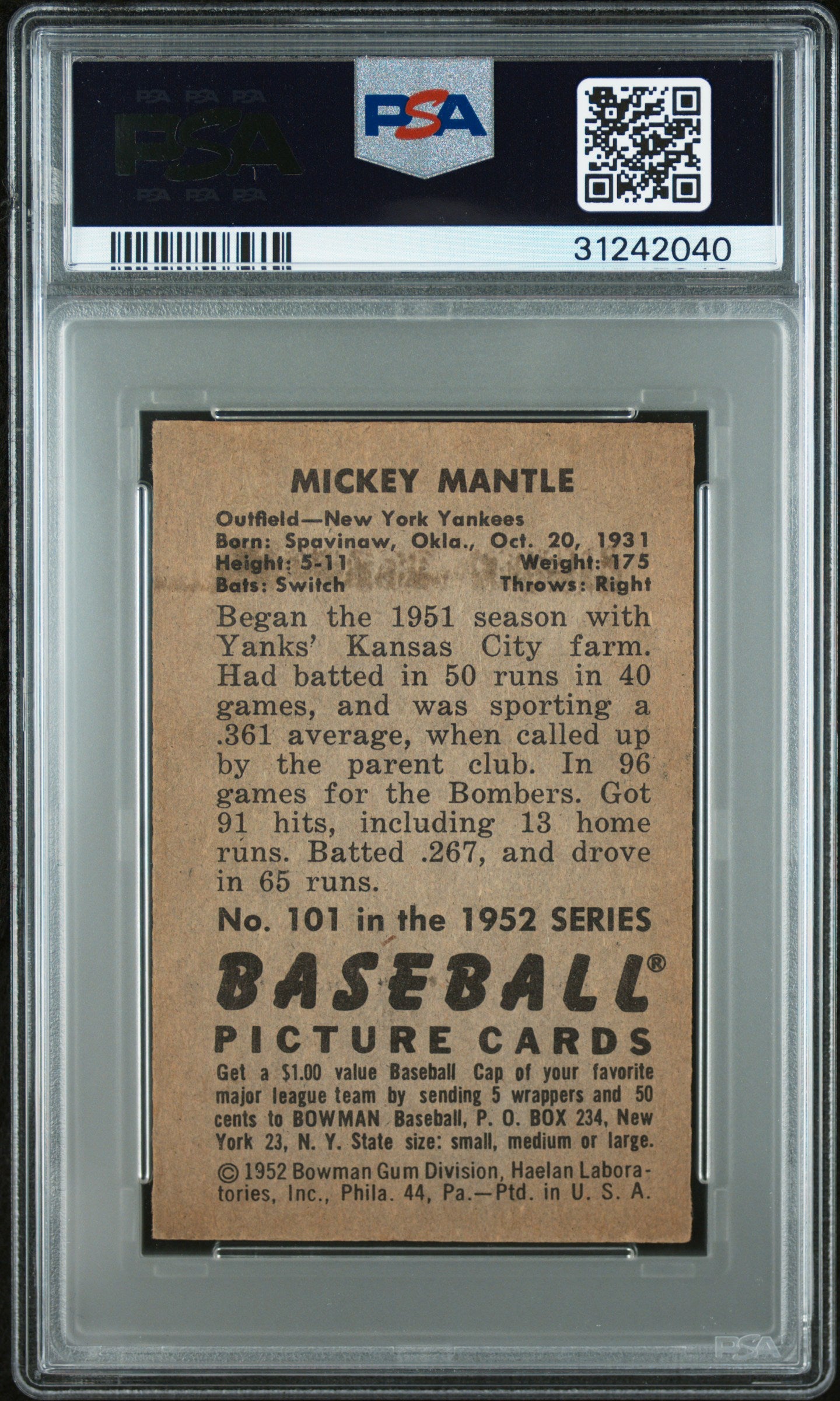 1952 Bowman Mickey Mantle #101 PSA 5